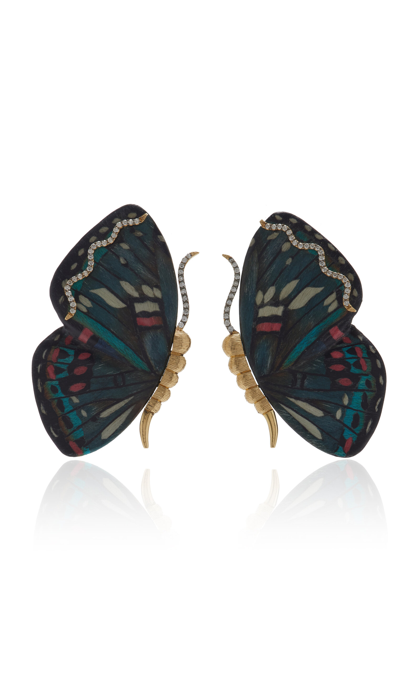 SILVIA FURMANOVICH BUTTERFLY 18K YELLOW GOLD MARQUETRY WOOD EARRINGS 