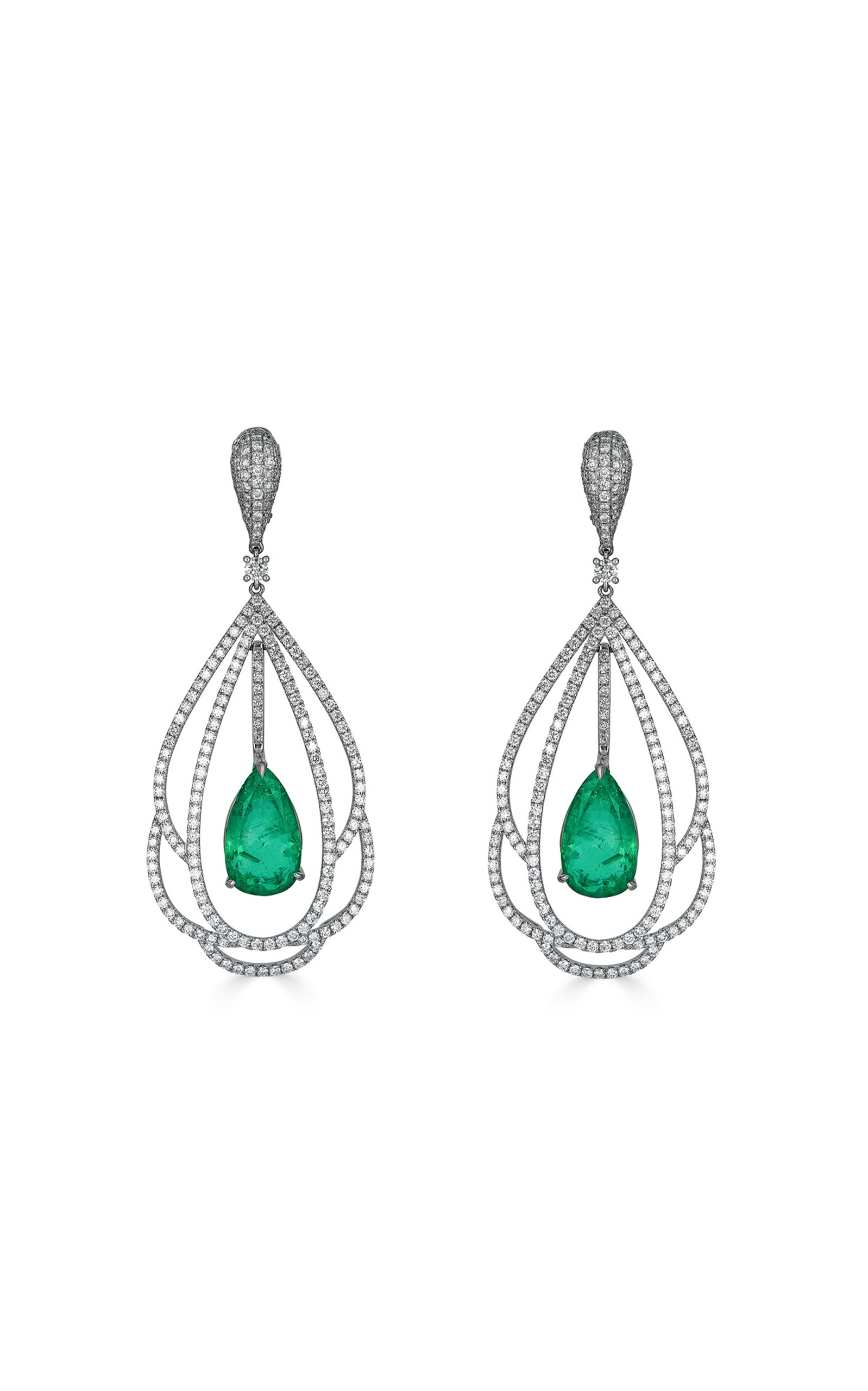 Shop Piranesi 18k White Gold Pear Emerlad Earrings In Green