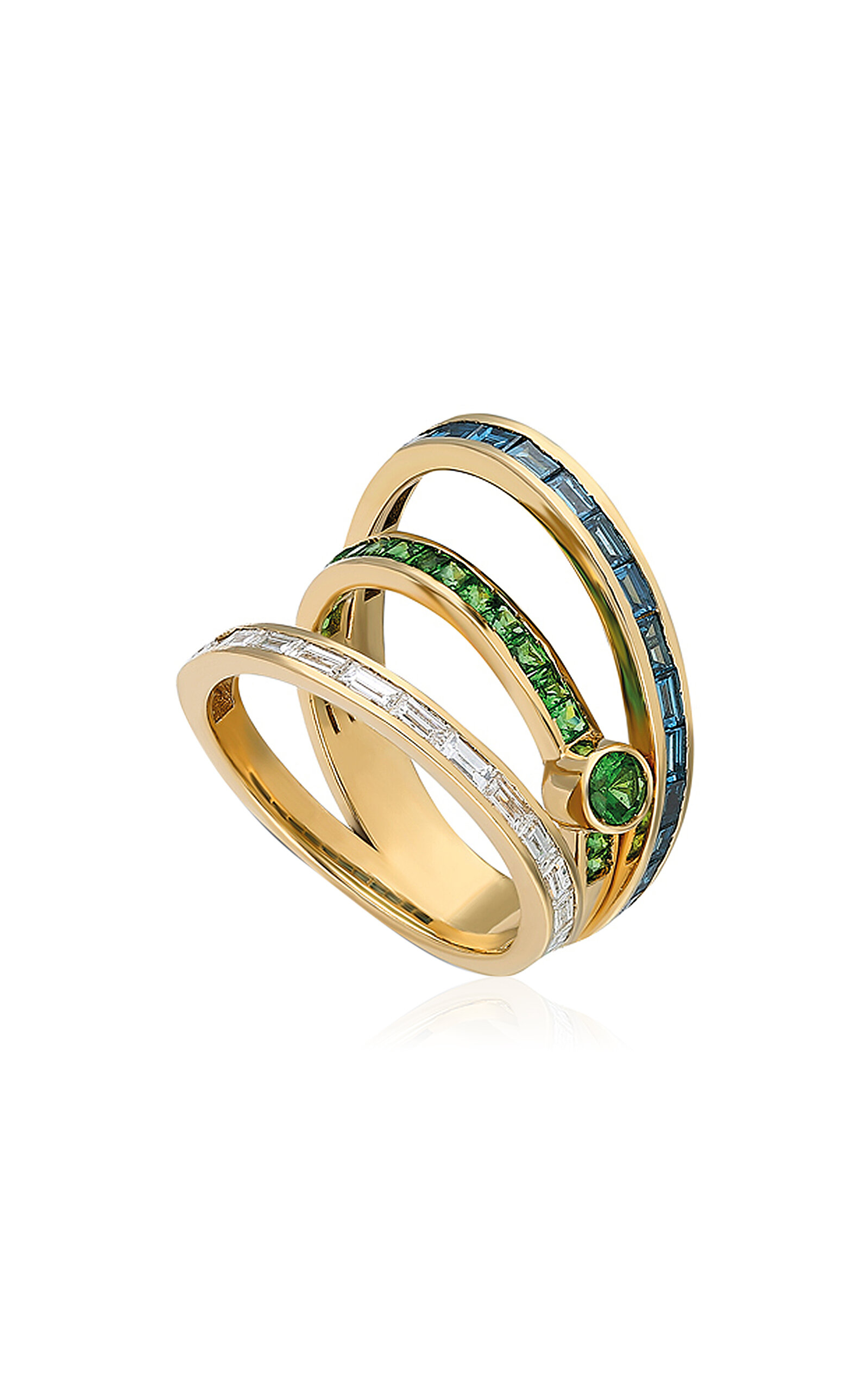 Shop Itä Fine Jewelry 14k Yellow Gold ¡buenos Días! “maravilla” Triple Mega Ray Pinky Ring In Green