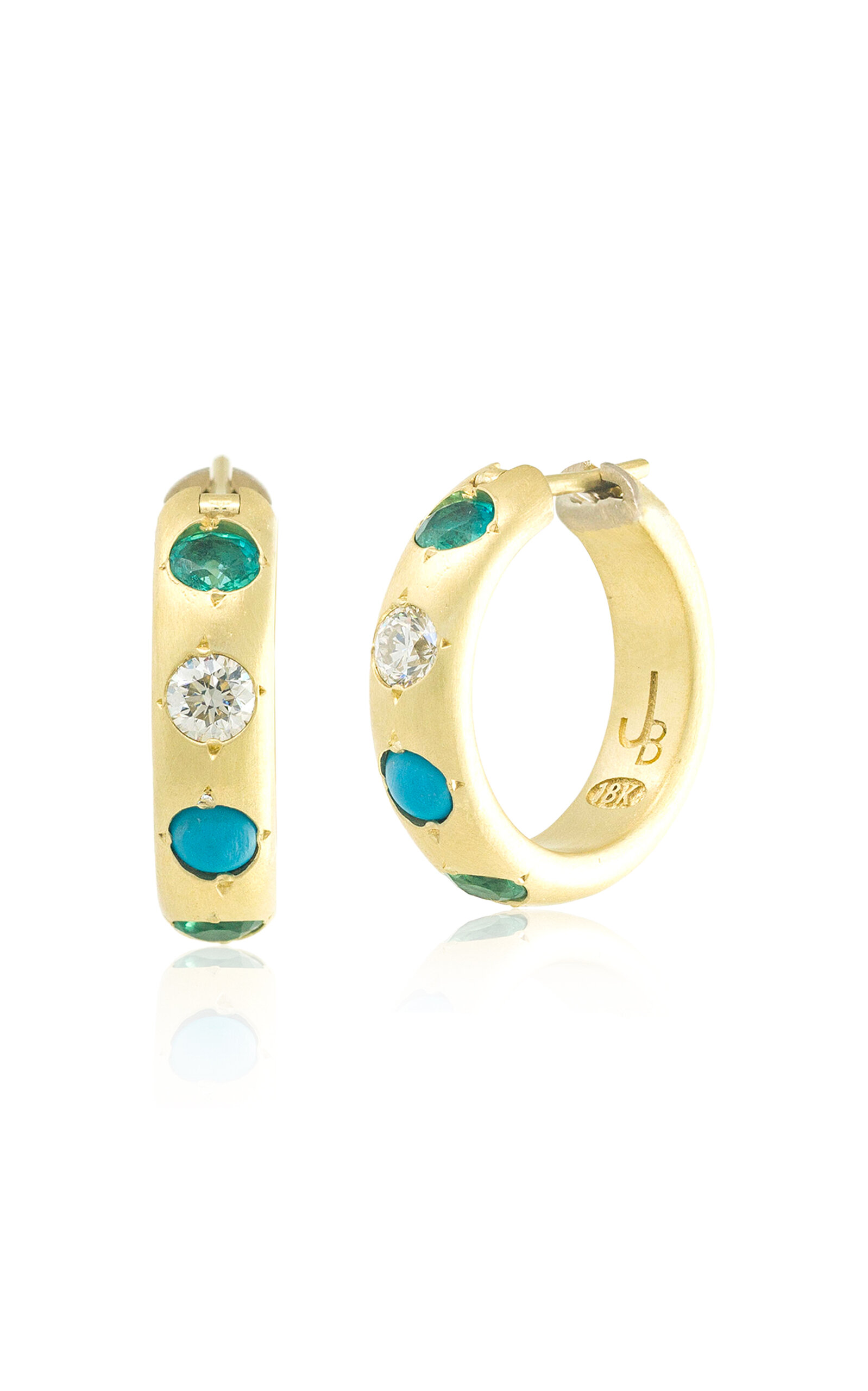 18K Yellow Gold Diamond; Emerald And Turquoise Hoop Earrings