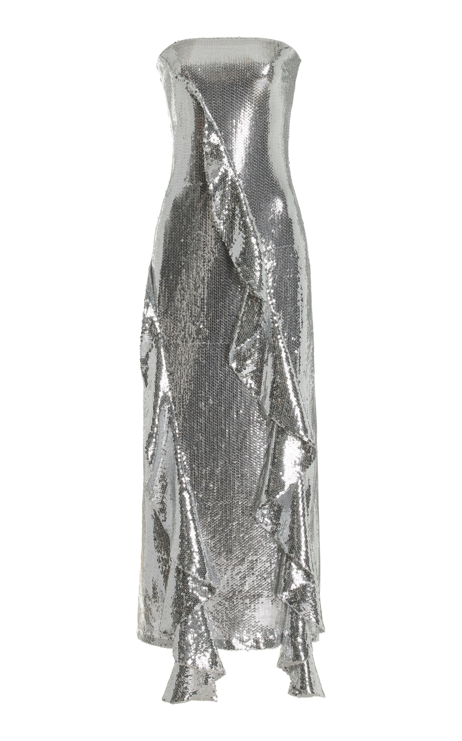 ROTATE Ruffled Sequined Midi Dress - Silver