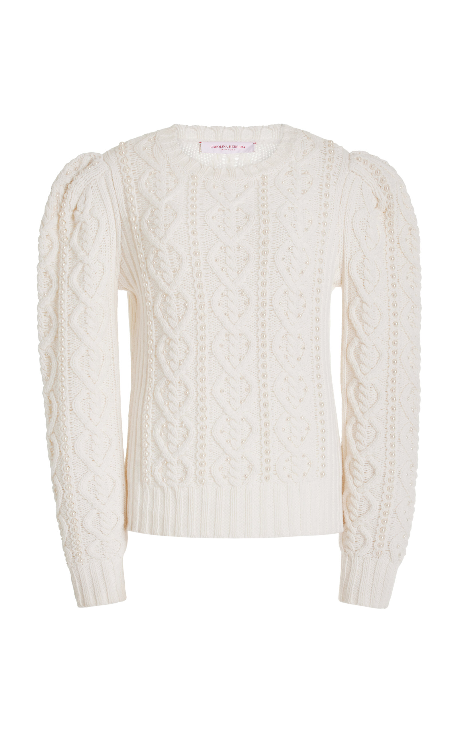 Carolina Herrera Embellished Cable-knit Wool-blend Sweater In White