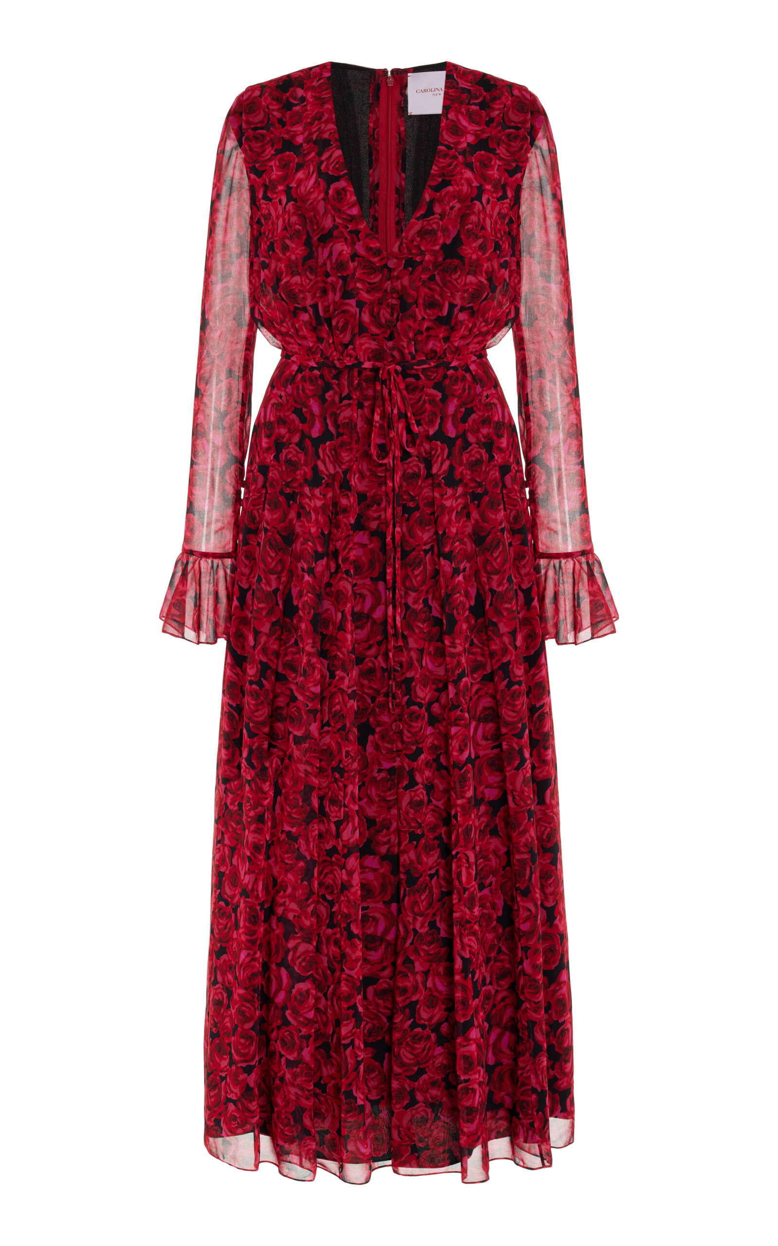 Shop Carolina Herrera Floral Chiffon Midi Dress In Red