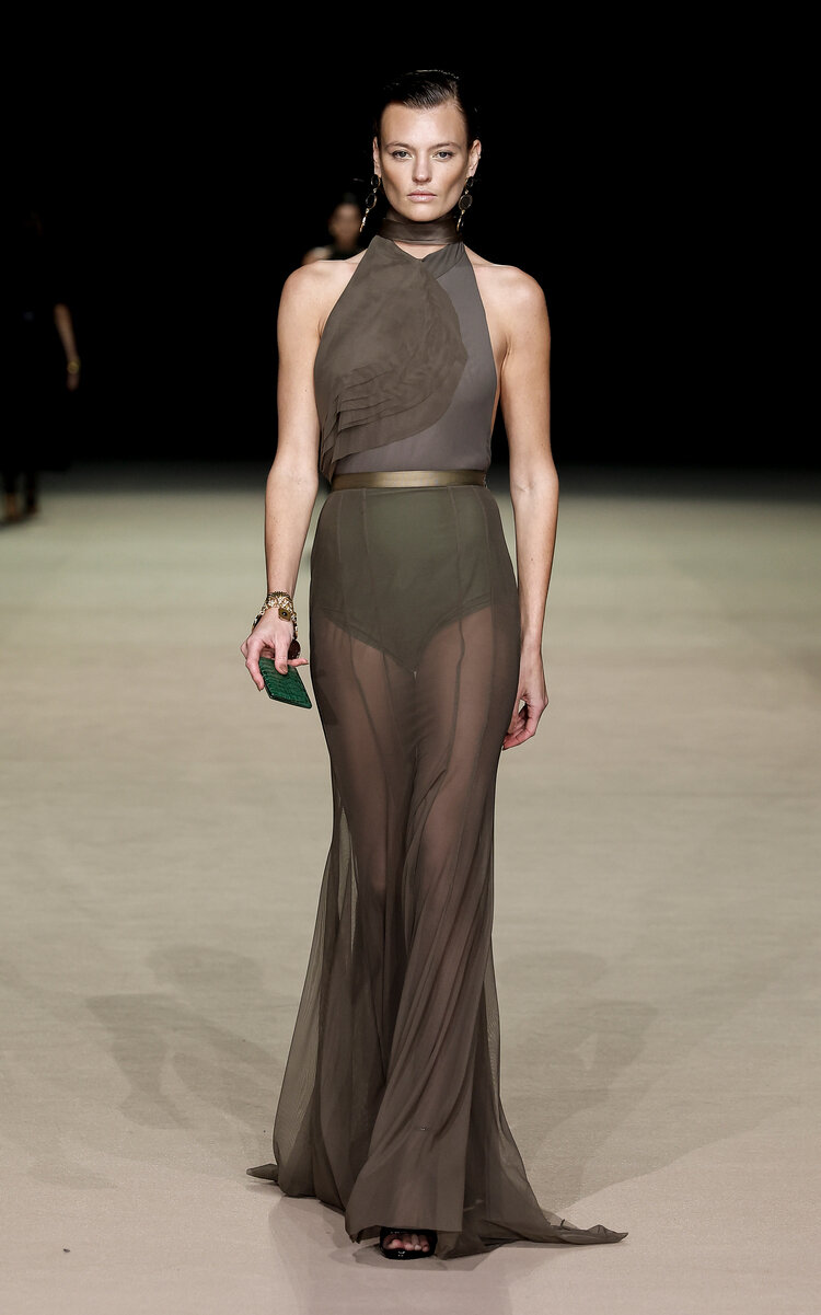 Godet-Detailed Mesh Maxi Skirt