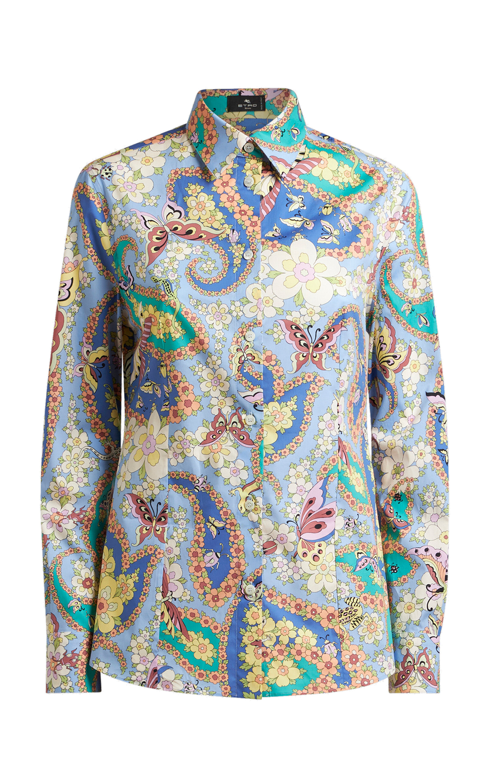 Etro Cotton Shirt With Floral Print And Collared Neck In Multi