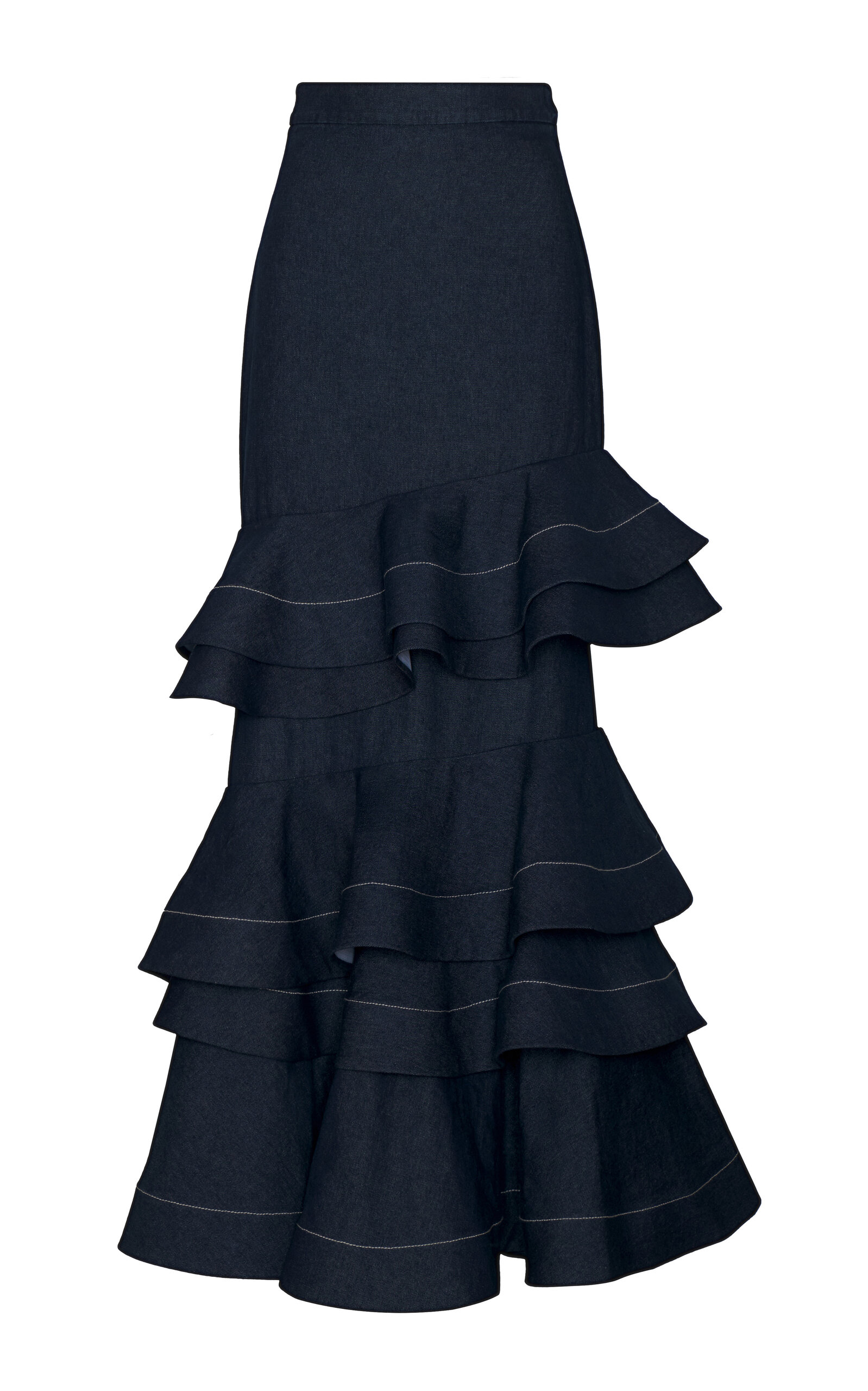 Andres Otalora Mi Memoria Ruffled Denim Maxi Skirt - Dark Wash