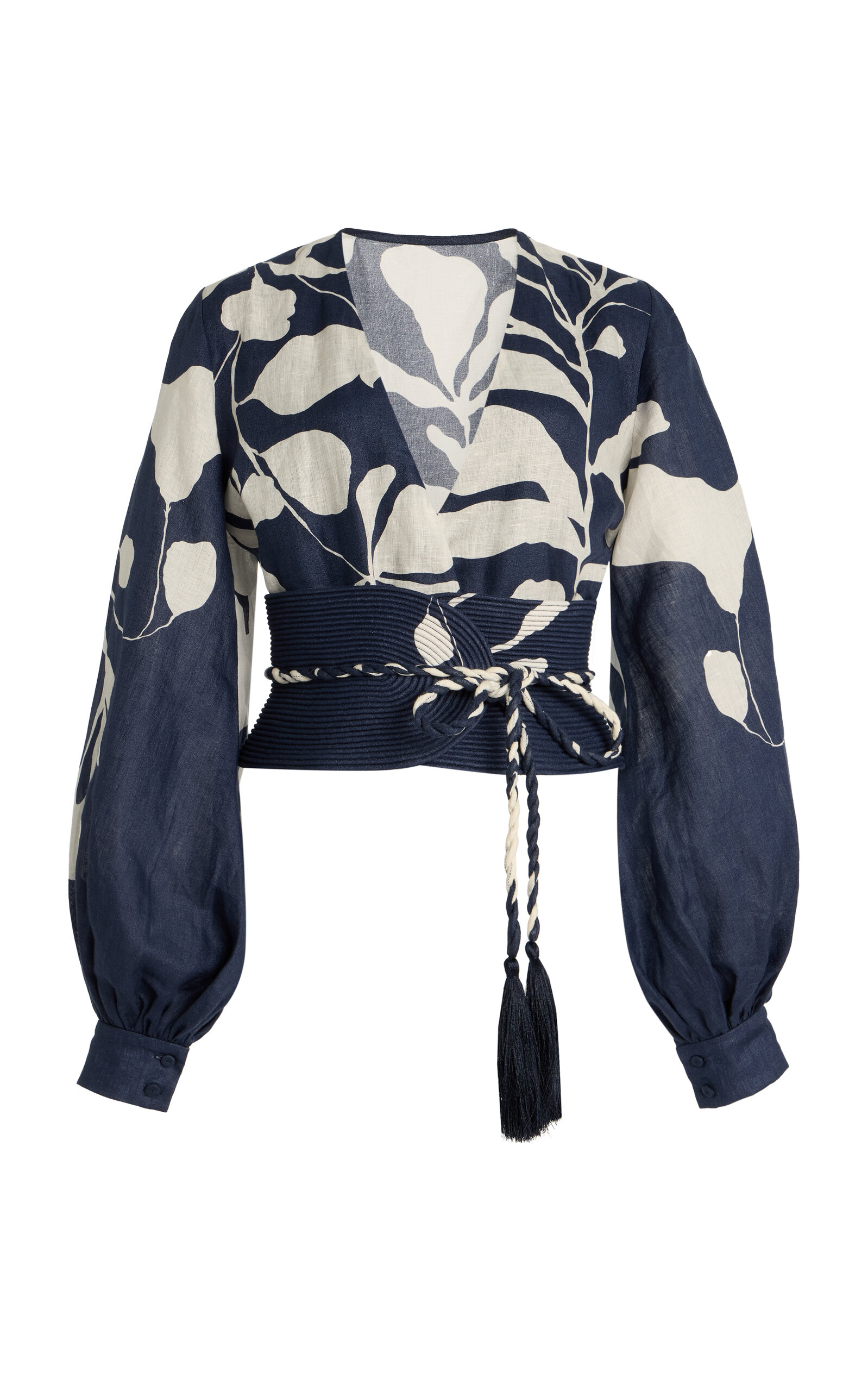 Andres Otalora La Postale Belted Botanical Linen Balloon-Sleeve Top - Navy