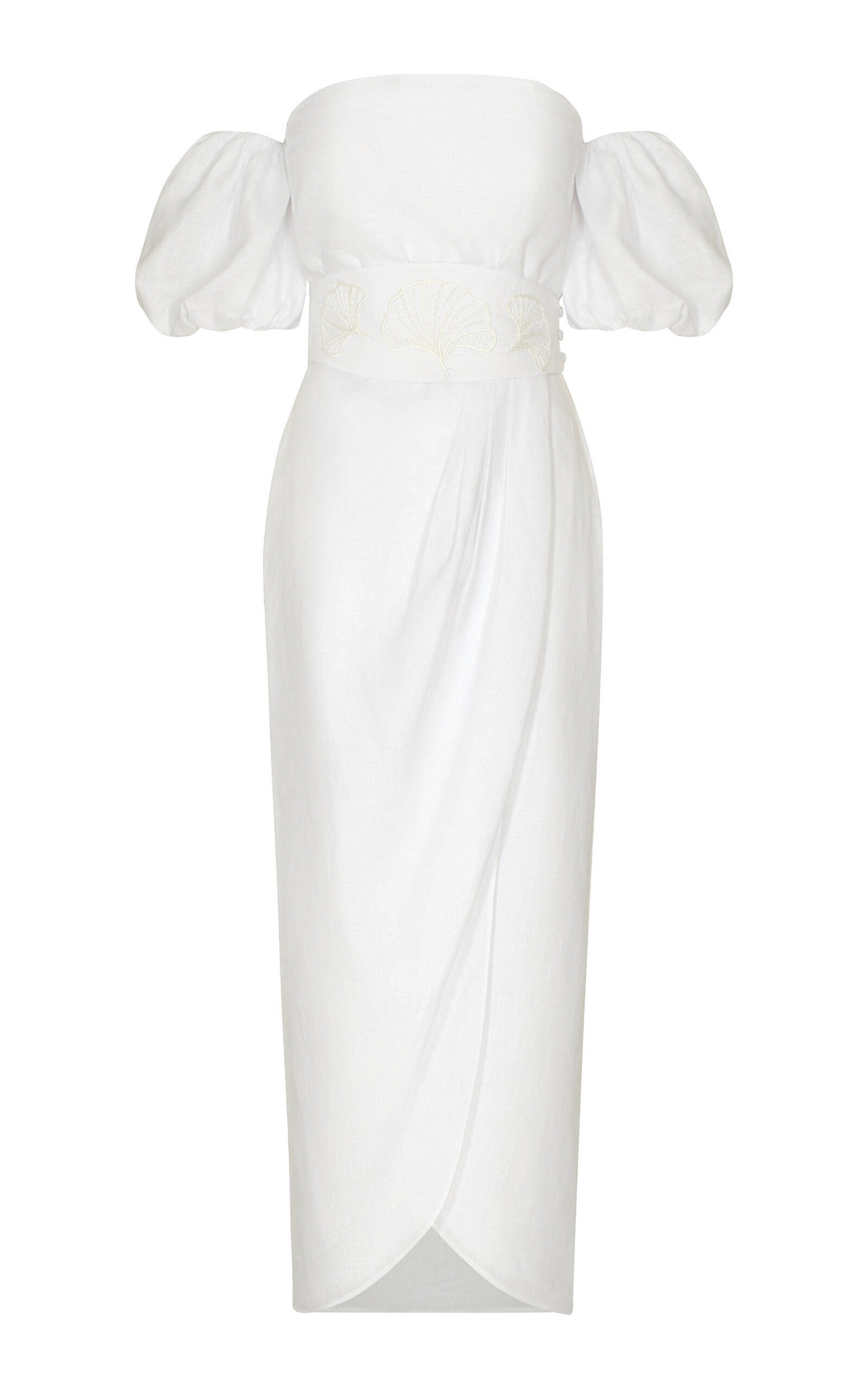 Andres Otalora Una Historia Belted Linen Off-the-shoulder Midi Dress In Off-white