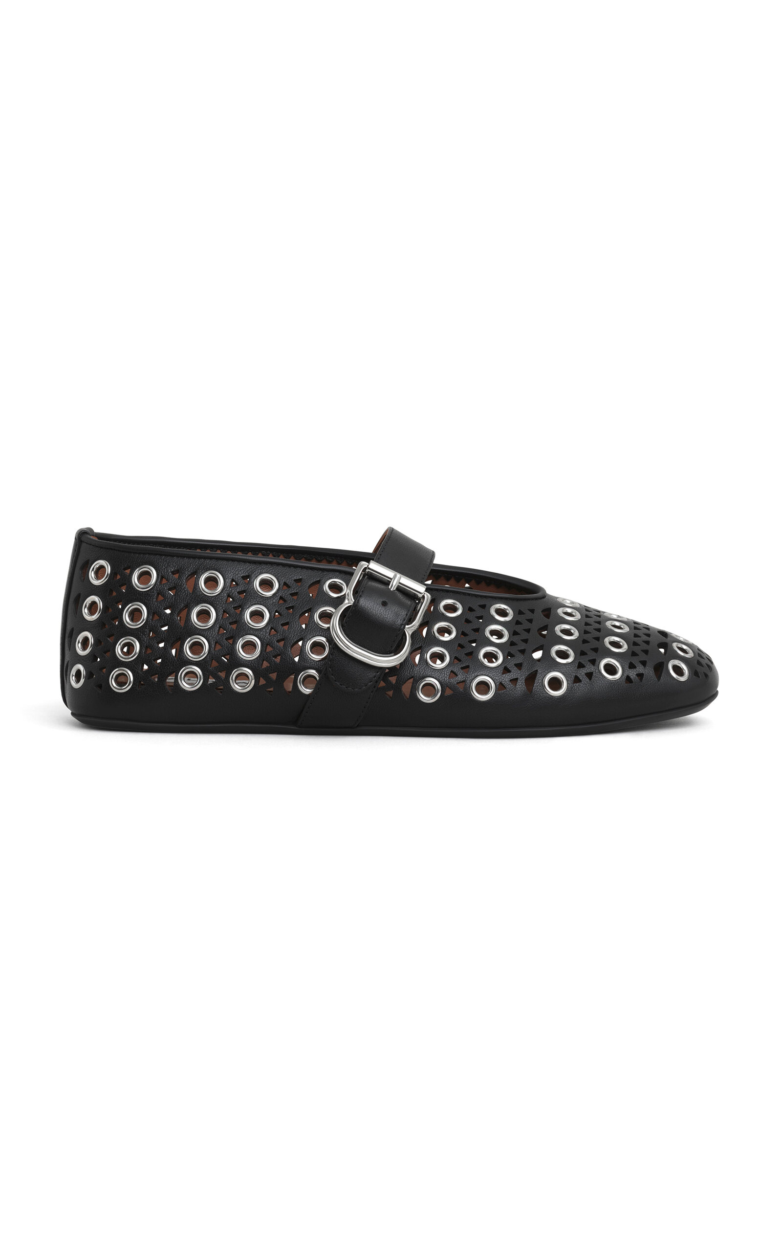 Alaïa Buckle Perforated Round Toe Ballerina Shoes In Black