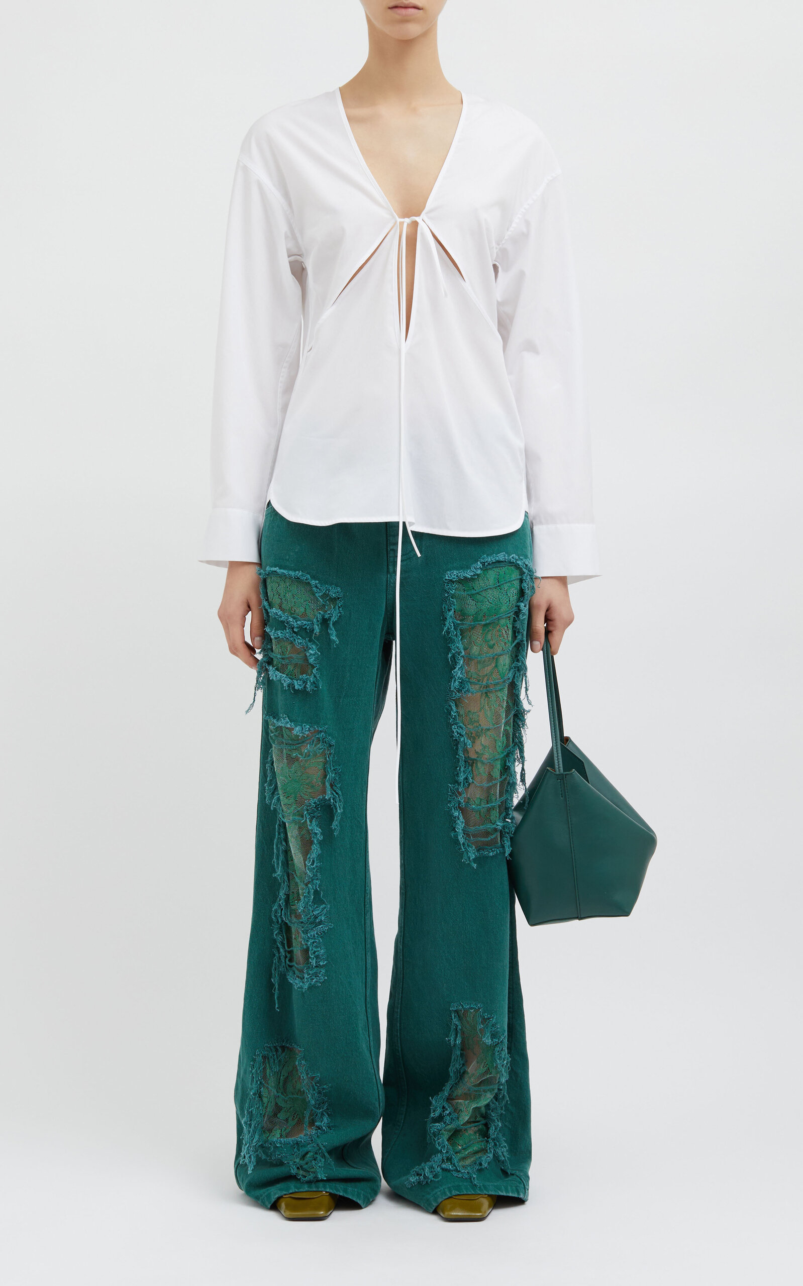 Christopher Esber Arboreal Lace-detailed Distressed Stretch Jeans In Green