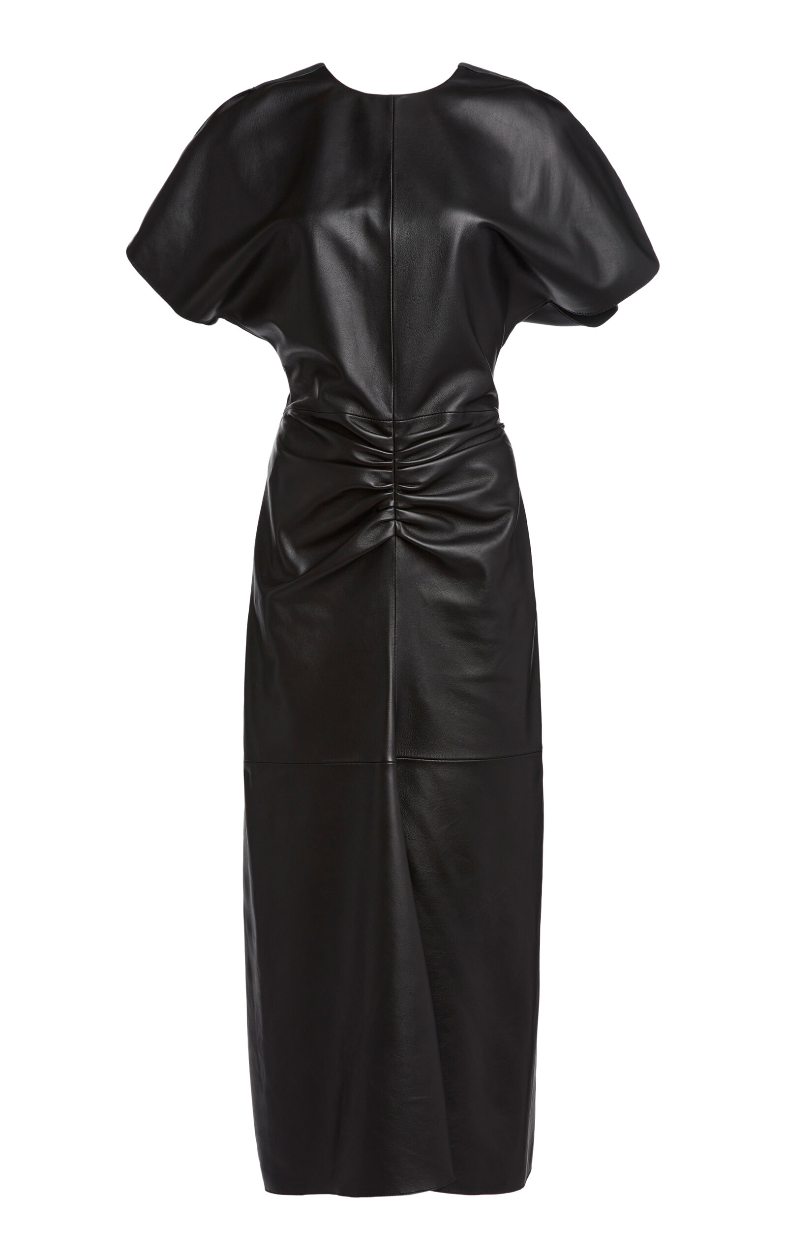 VICTORIA BECKHAM GATHERED LEATHER MIDI DRESS 