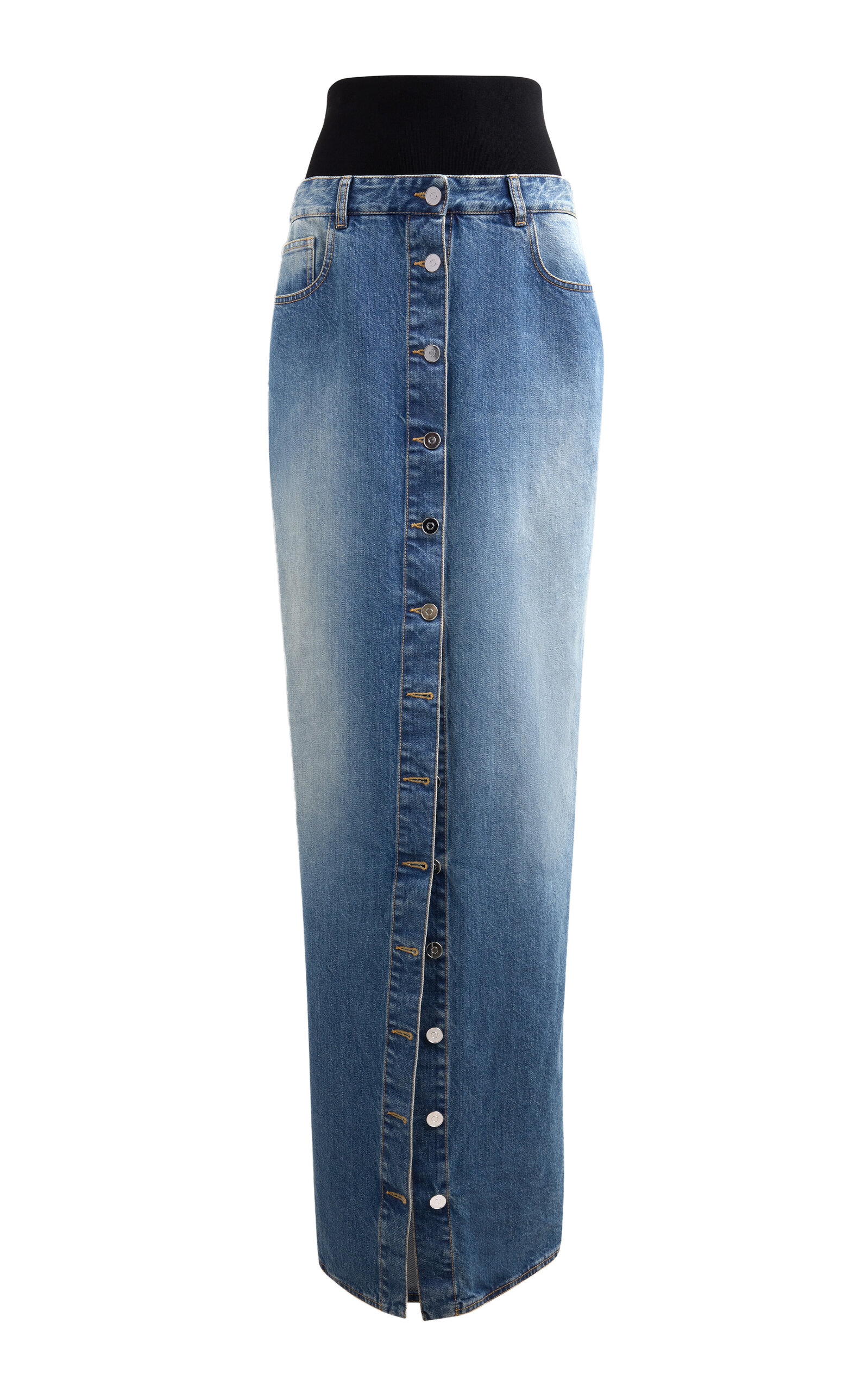 Alaïa Blue Knitted Waistband Denim Maxi Skirt In Blue