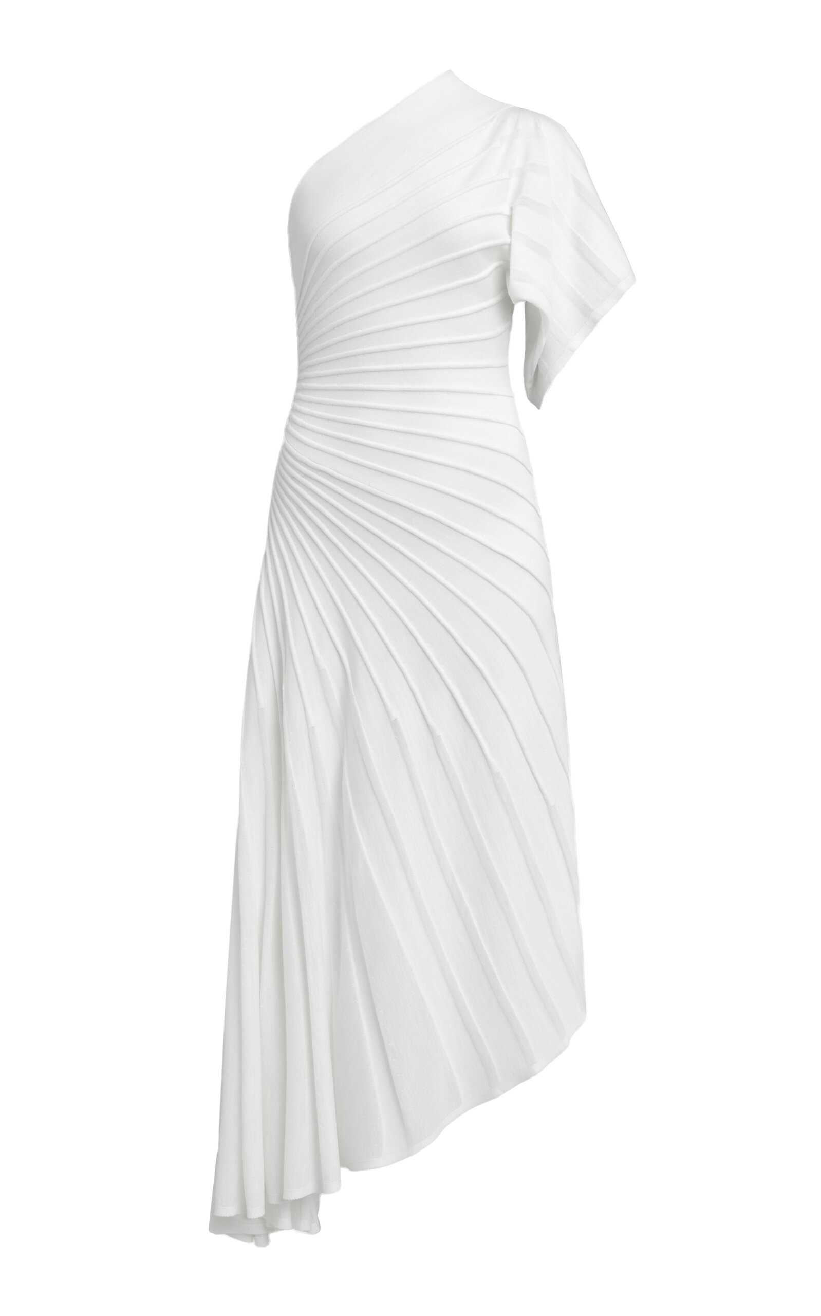 Shop Alaïa One-shoulder Ray-knit Wool Midi Dress In White