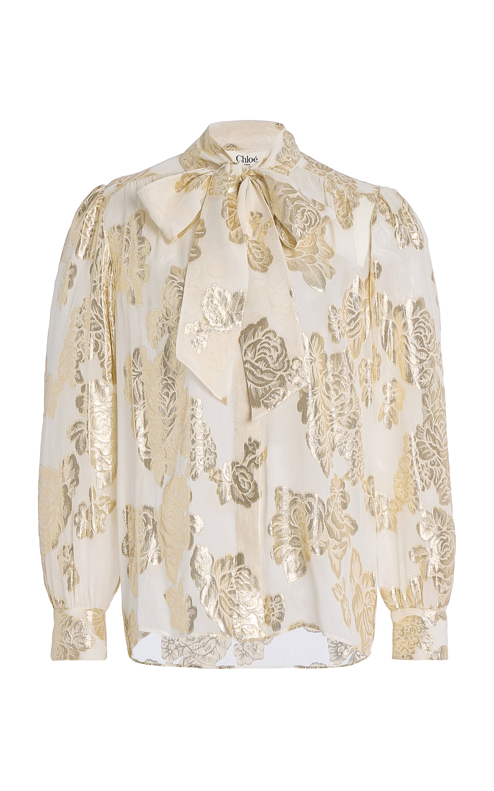 Chloé Metallic Floral Silk Scarf-neck Top In White
