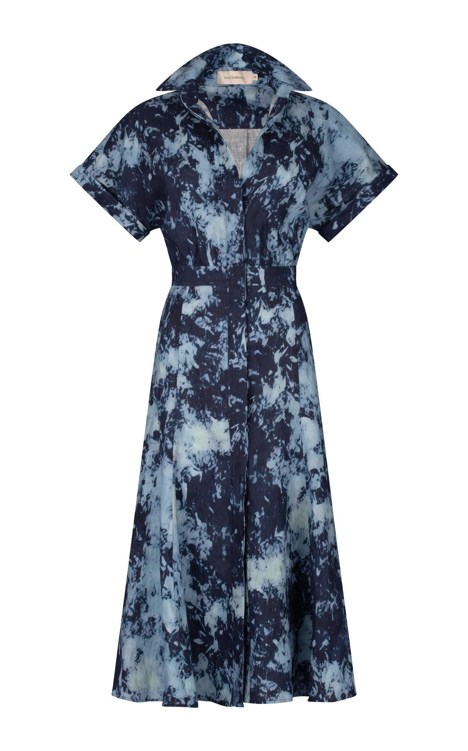 Silvia Tcherassi Noor Tie-dye Linen Short-sleeve Midi Shirtdress In Blue