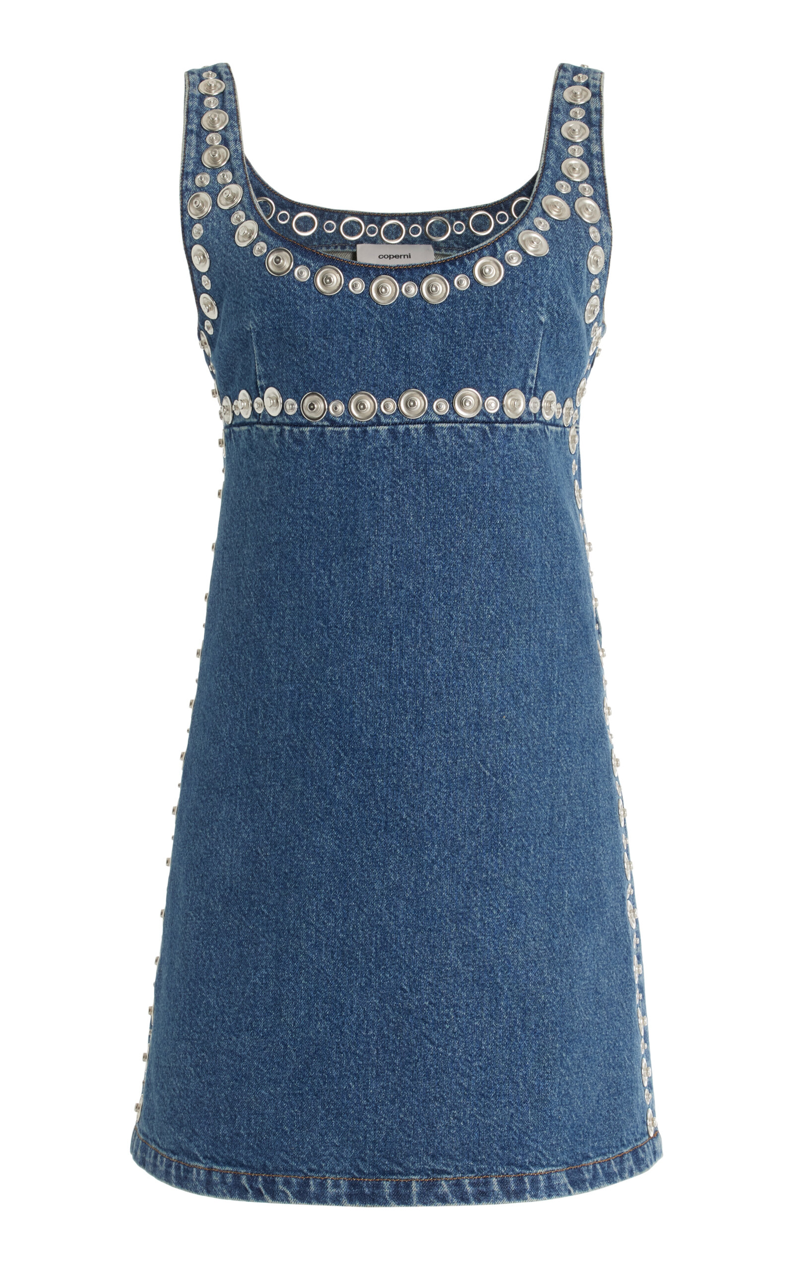 Coperni Denim Asymmetrical Flower Mini Dress In Medium Wash
