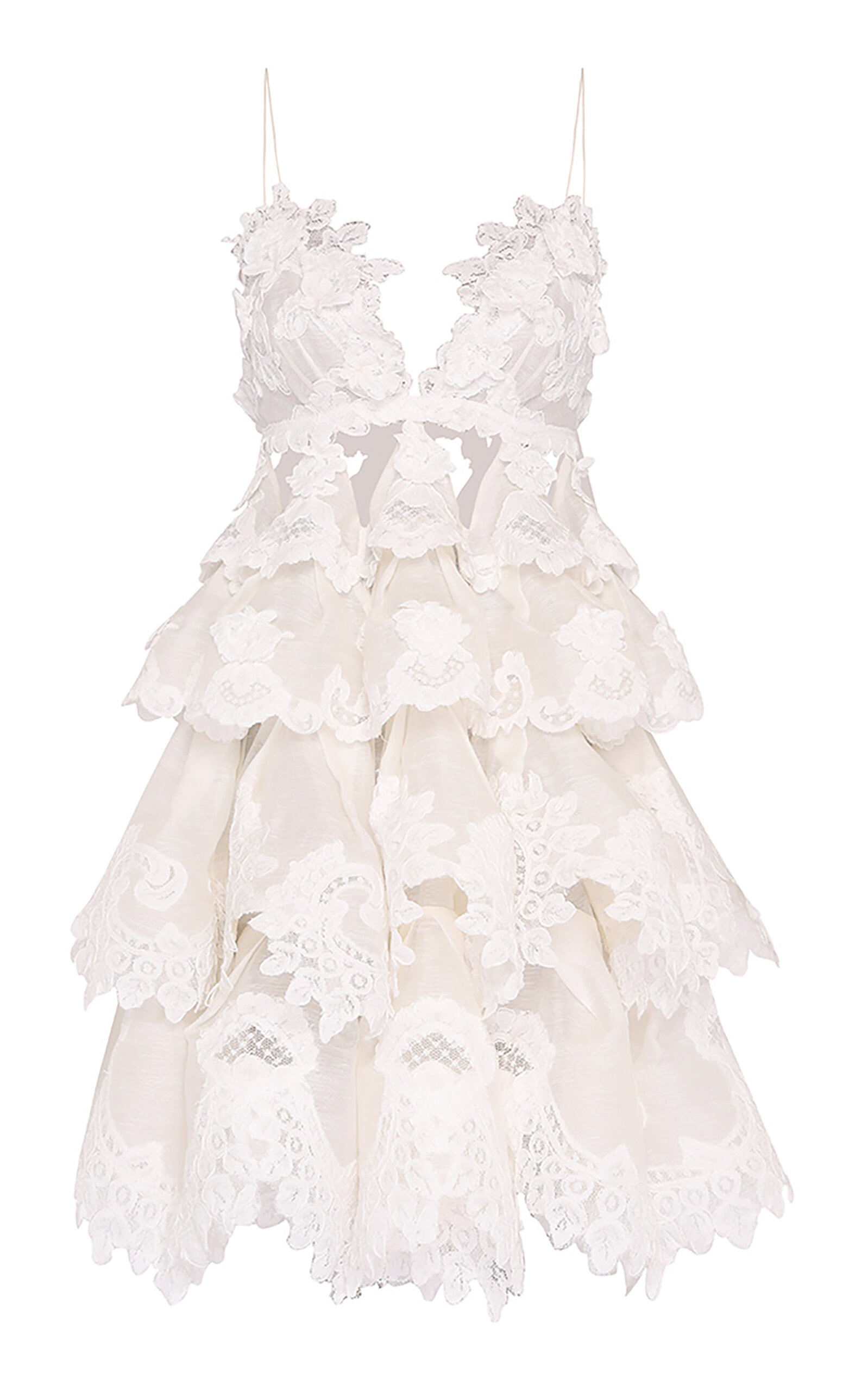 Zimmermann Crush Tiered Linen-Silk Lace Mini Dress - Ivory - 0P