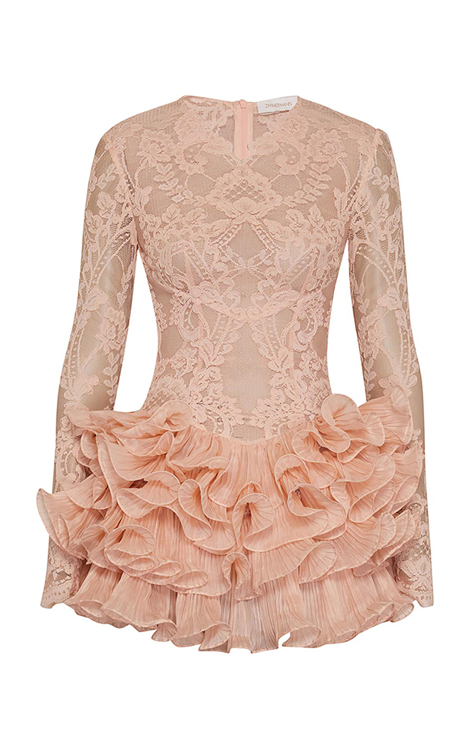 Zimmermann Crush Lace Frill Sleeved Mini Dress In Light Pink