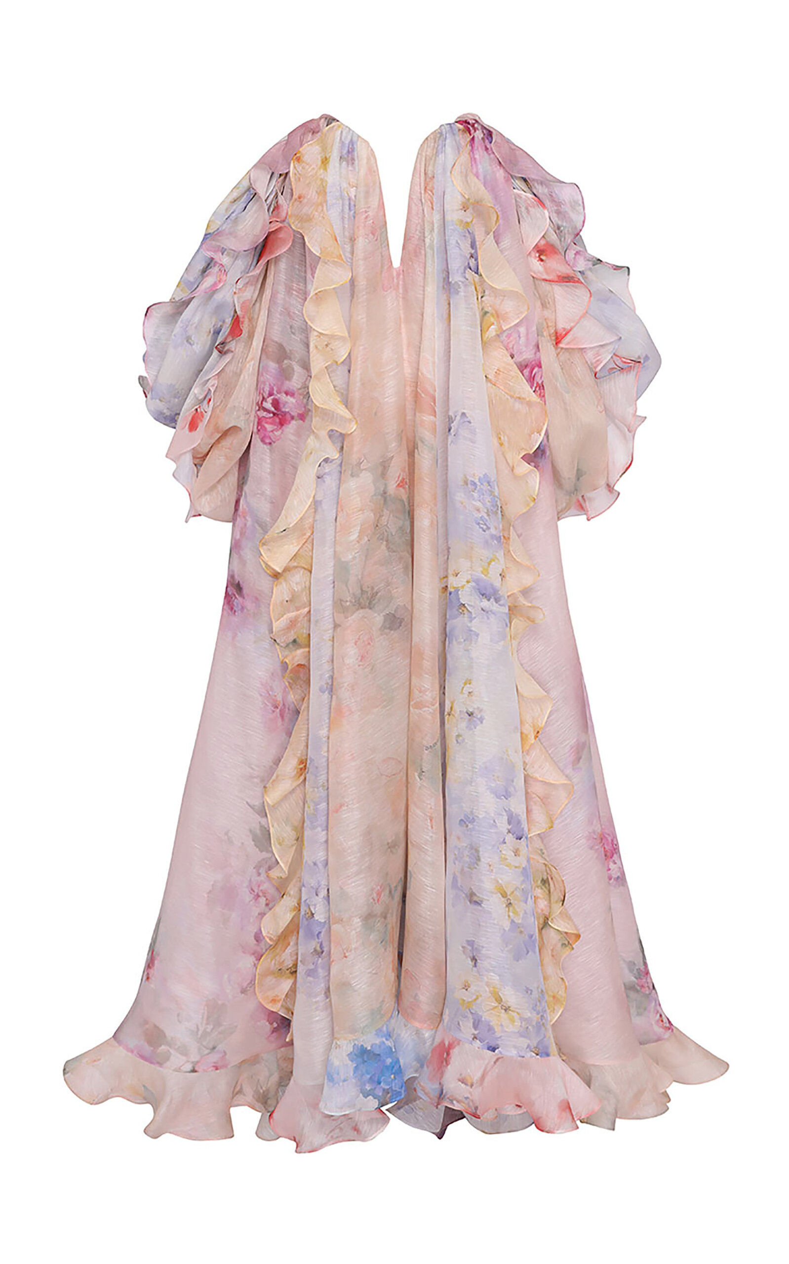 ZIMMERMANN CRUSH RUFFLED OFF-THE-SHOULDER LINEN-SILK GOWN