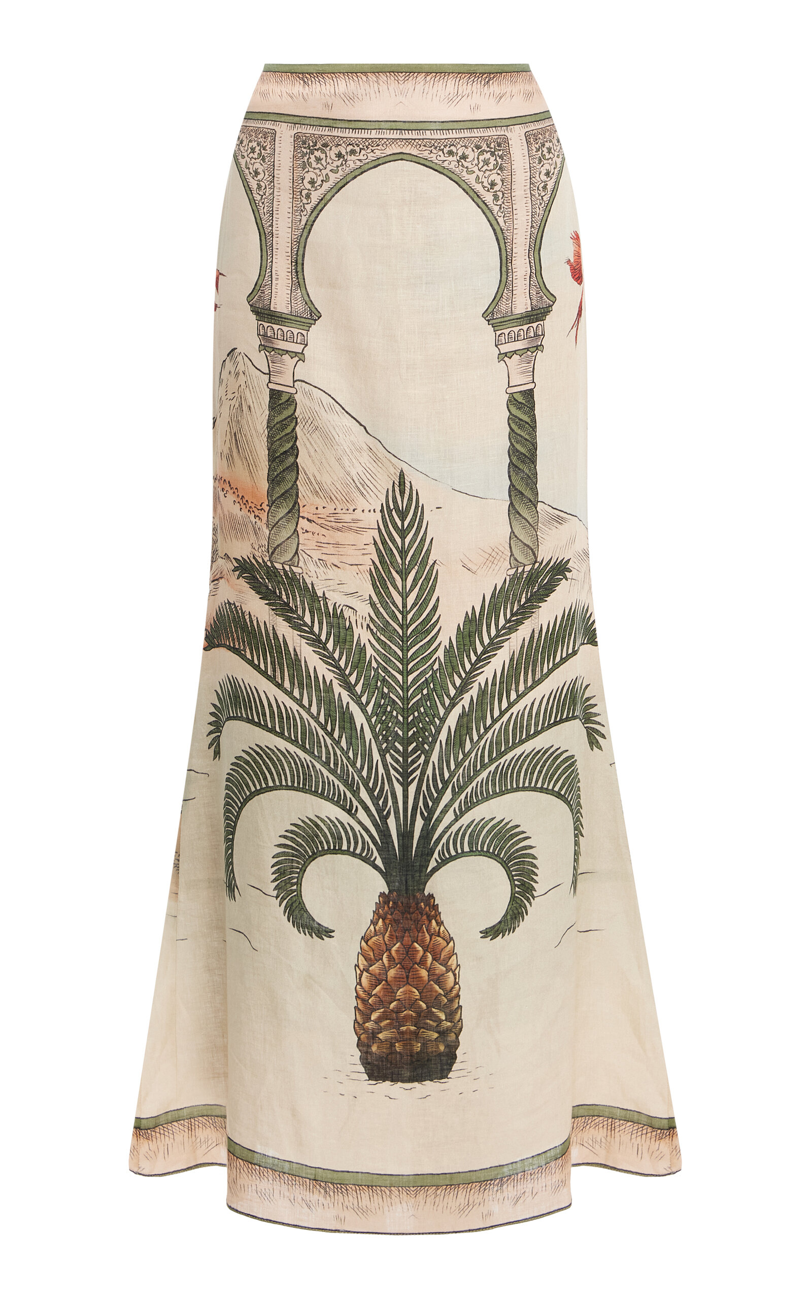 Shop Johanna Ortiz Muralla Del Sol Printed Linen Midi Skirt