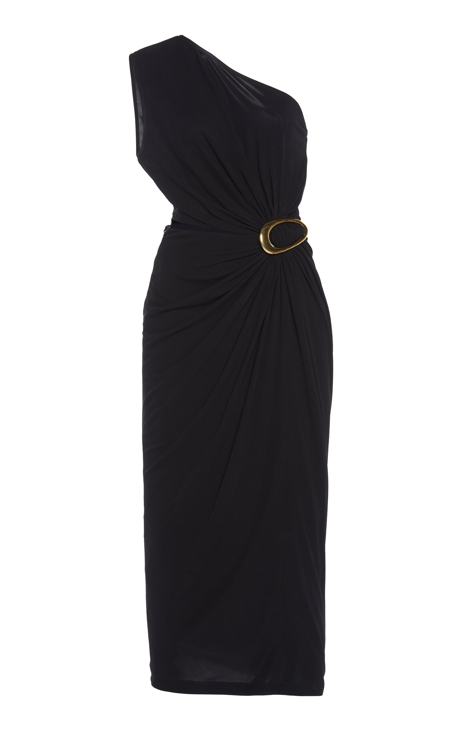 Bottega Veneta One-shoulder Cutout Gathered Embellished Crepe-jersey Midi Dress In Black