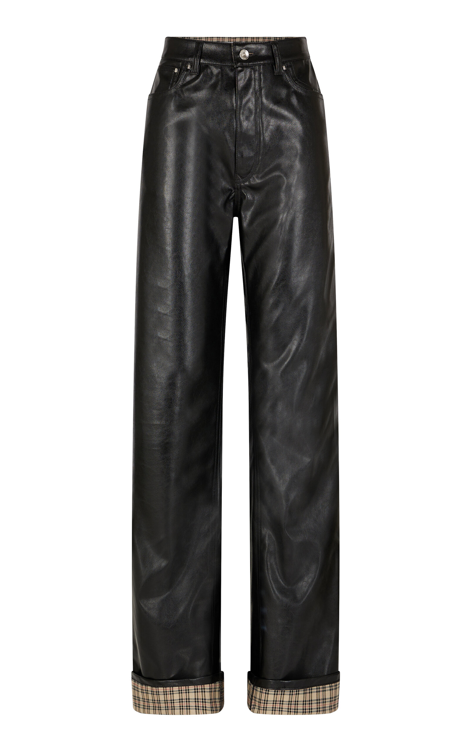 Shop Rabanne Tartan-lined Vegan Leather Wide-leg Pants In Black