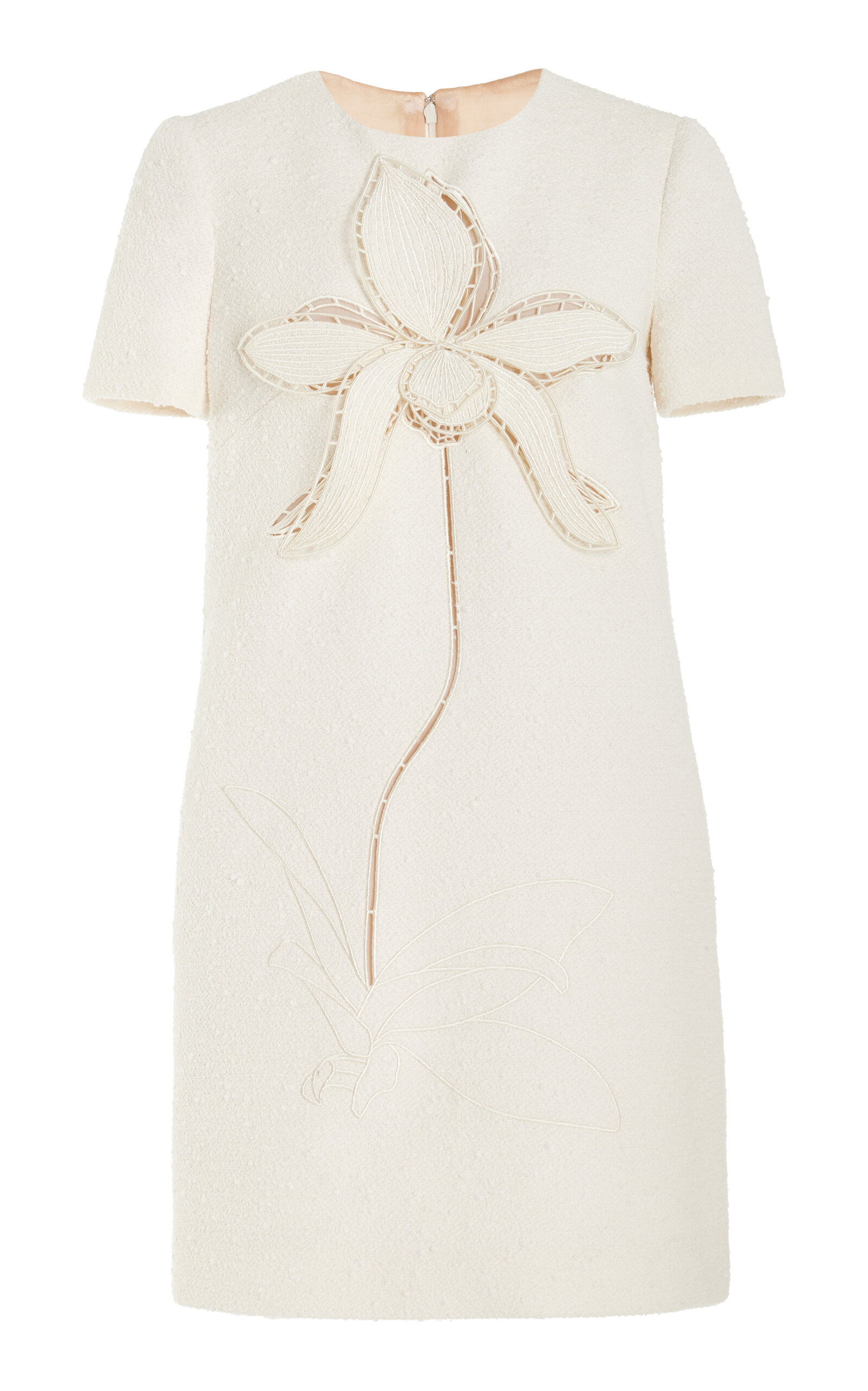 Oscar De La Renta Short Sleeve Floral Embroidered Cotton Tweed Shift Dress In Ivory