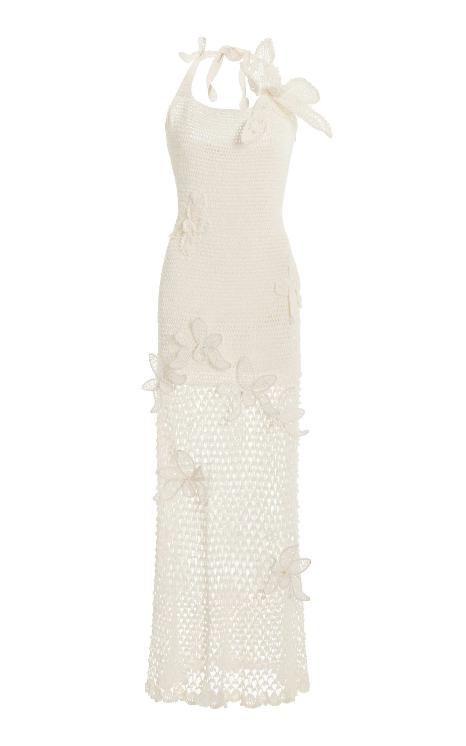 Shop Oscar De La Renta Crocheted Cotton Halter Maxi Dress In Ivory