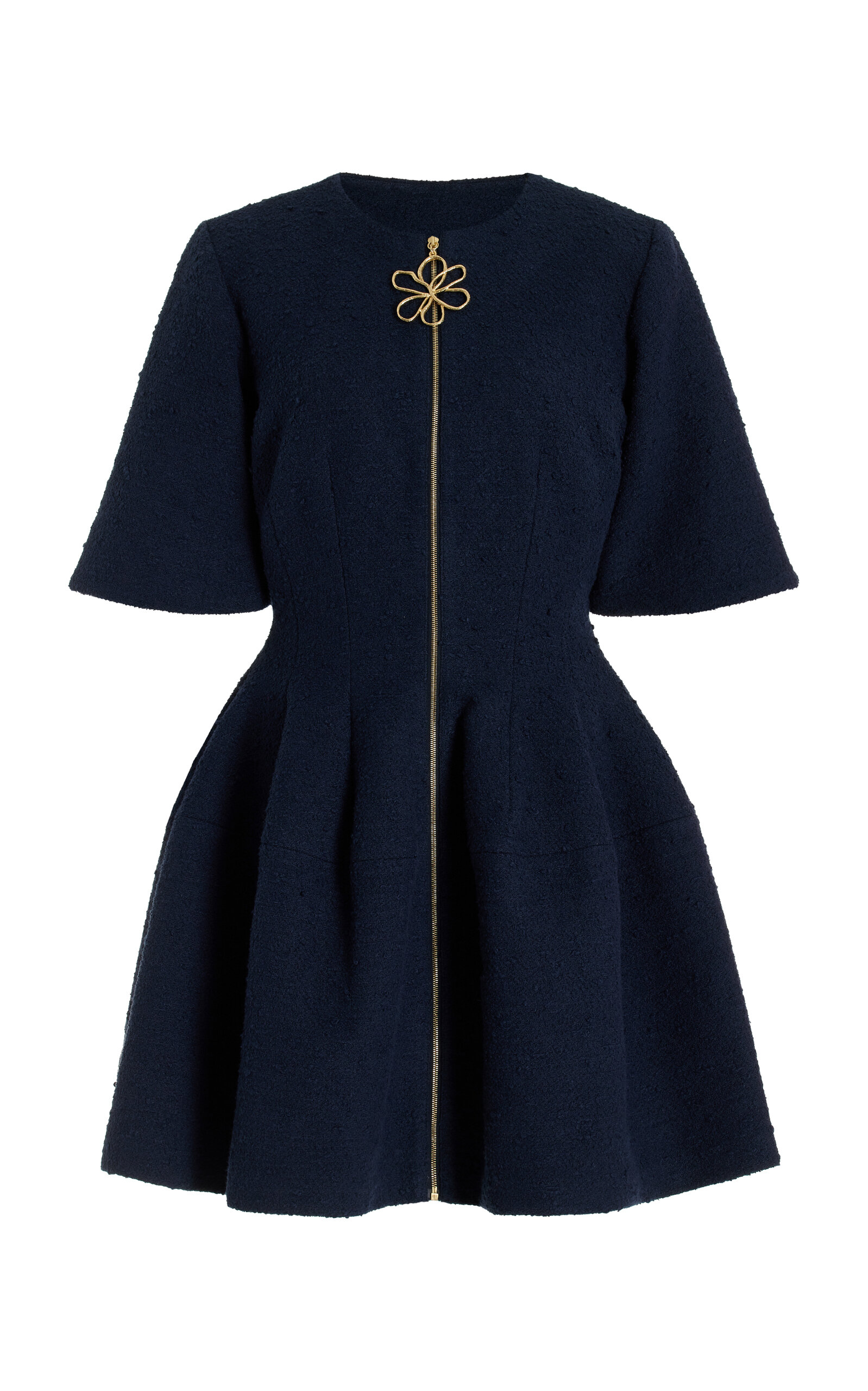 Oscar De La Renta Short Sleeve Zip Front Cotton Wool Tweed Dress In Navy