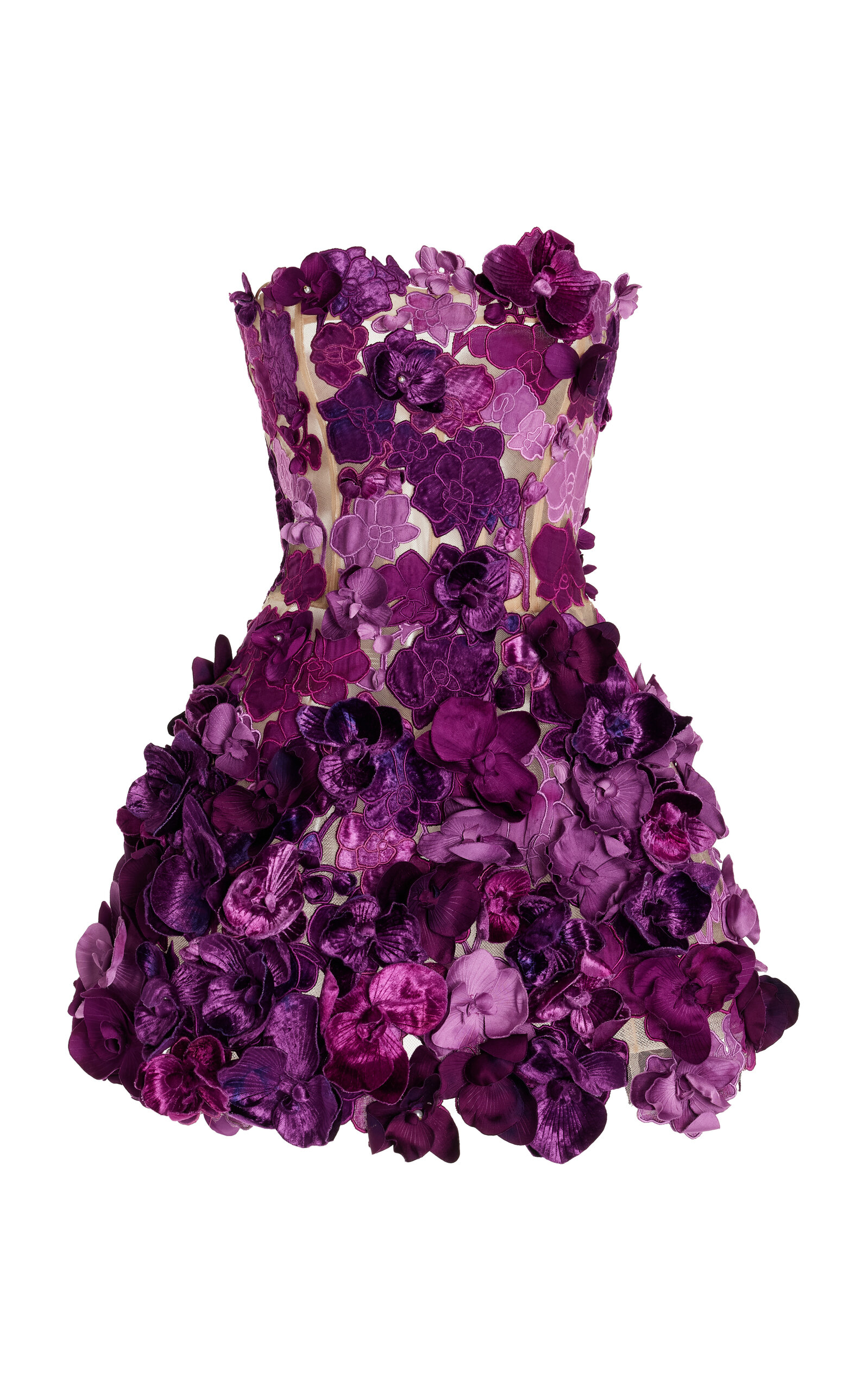OSCAR DE LA RENTA STRAPLESS SATIN ORCHID EMBROIDERED COCKTAIL DRESS