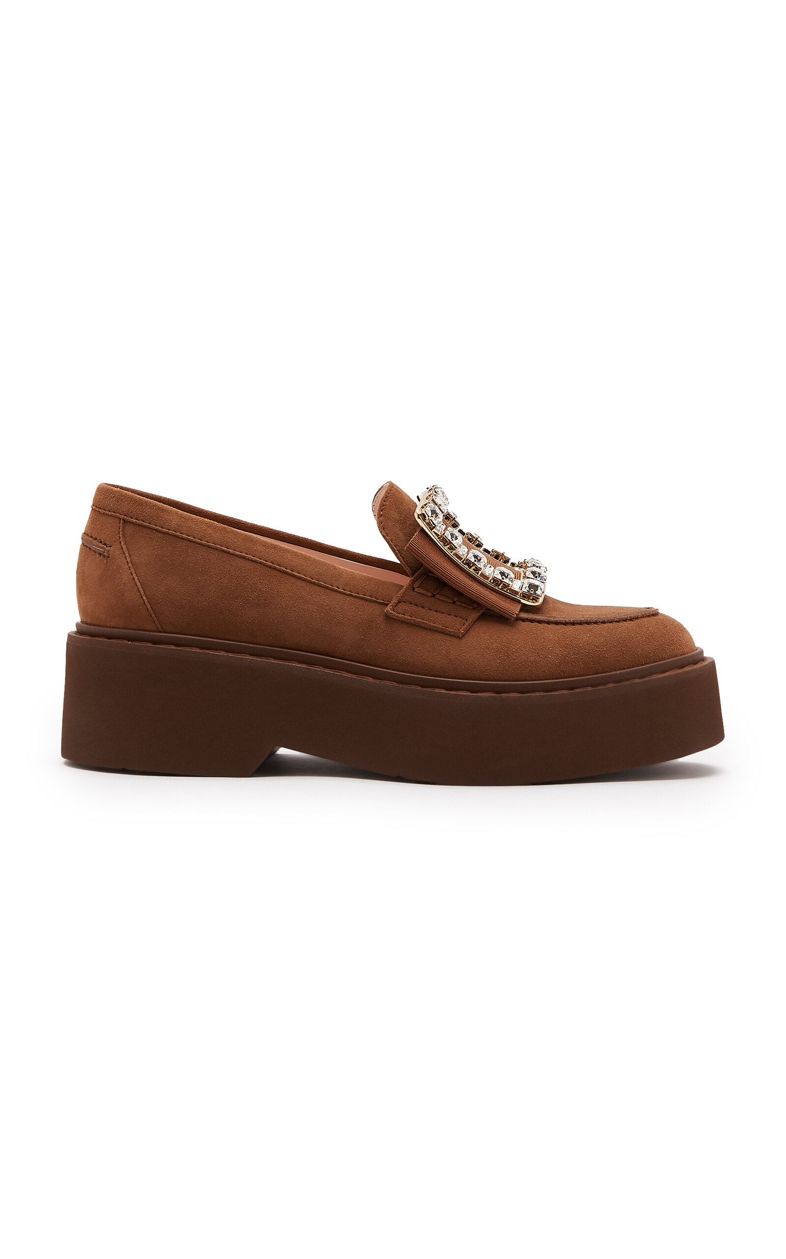 Roger Vivier 50mm Viv Rangers Strass Suede Loafers In Brown