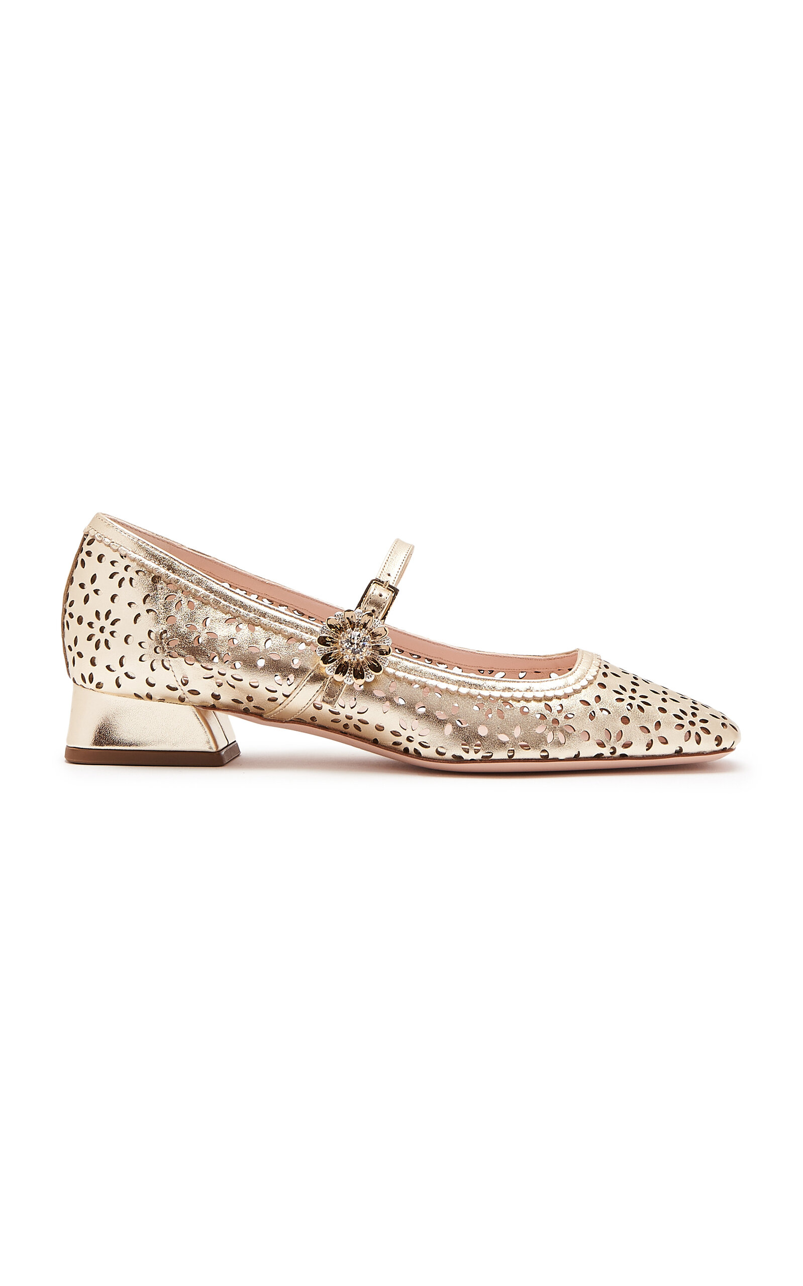 Roger Vivier Tres Vivier Perforated Metallic Leather Mary Jane Pumps