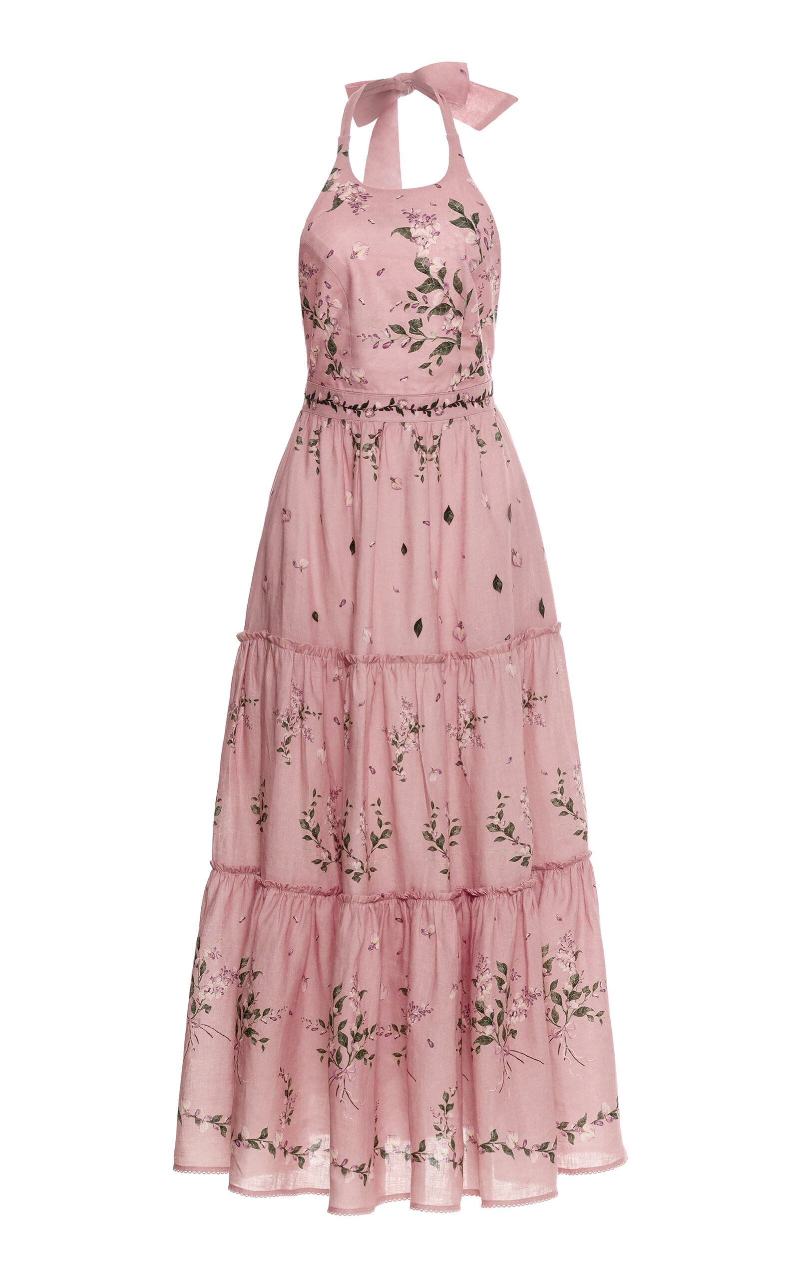 Shop Agua By Agua Bendita Consuelo Tiered Linen Midi Dress In Light Pink