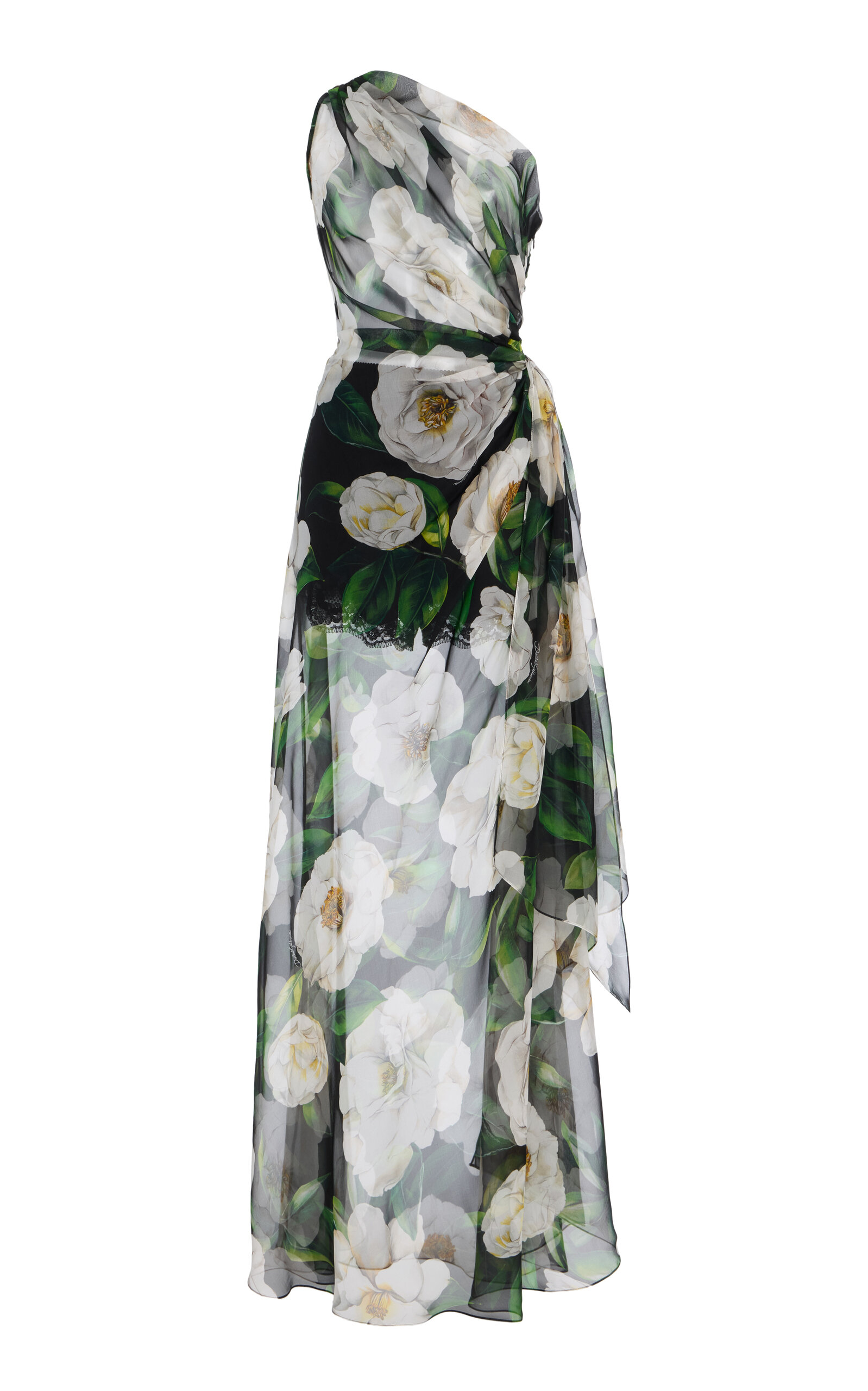 Dolce & Gabbana One-shoulder Draped Gardenia Silk-chiffon Maxi Dress In Green