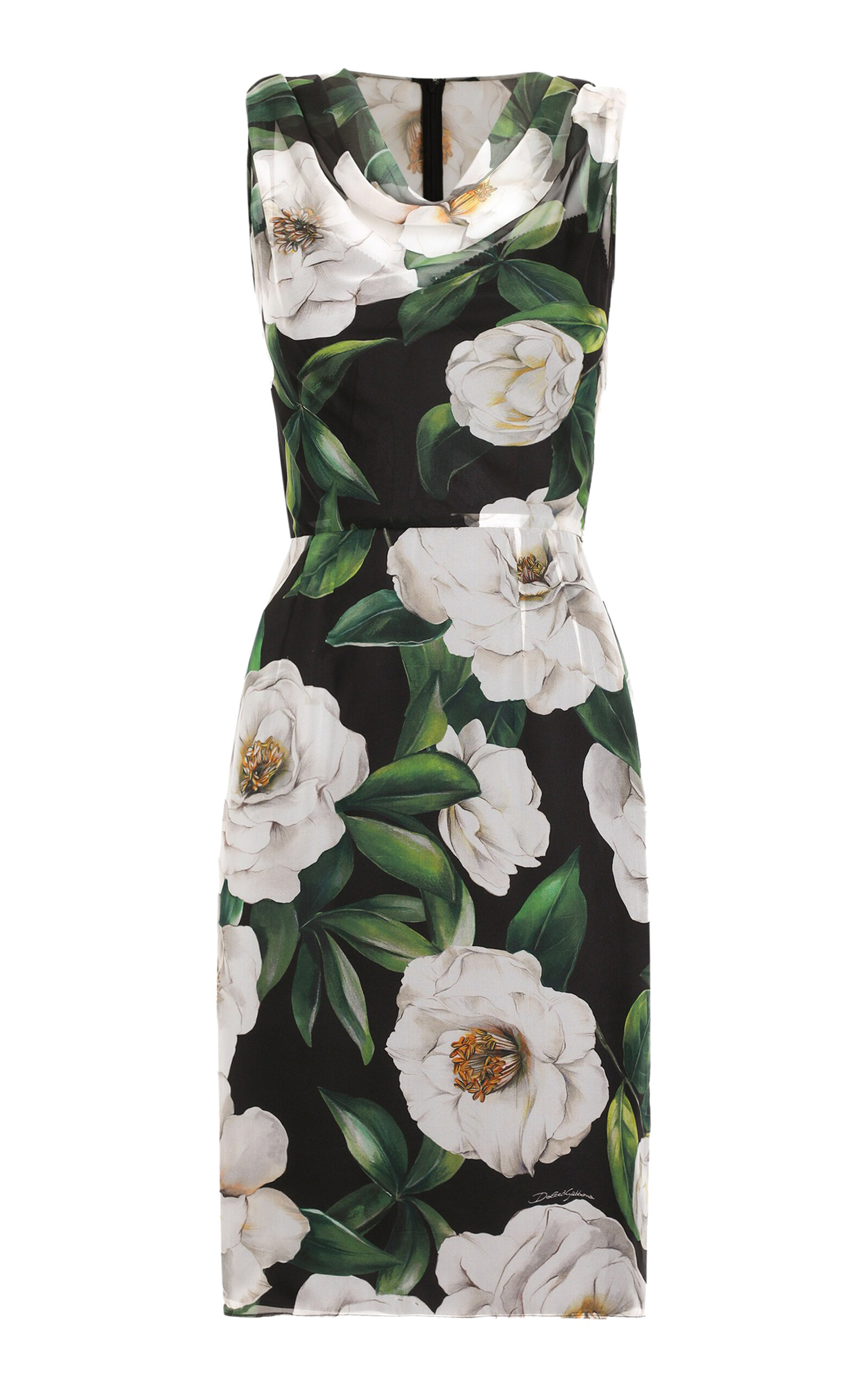 Dolce & Gabbana Gardenia Floral-Print Silk Dress - Black