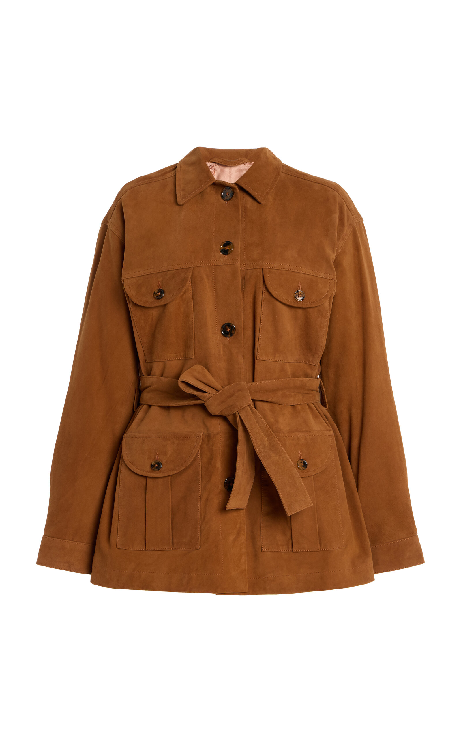 Blazé Milano Suede Jacket With Belted Waist And Flap Pockets In Brown