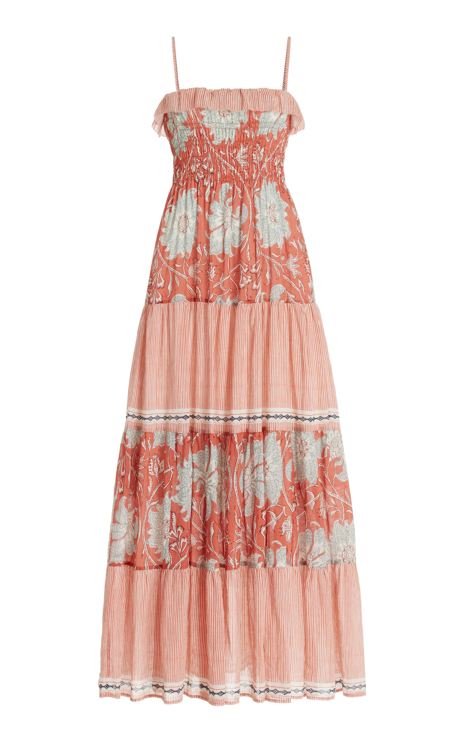 BOTEH De Flore Shirred Cotton Maxi Dress - Orange - Women's Clothing