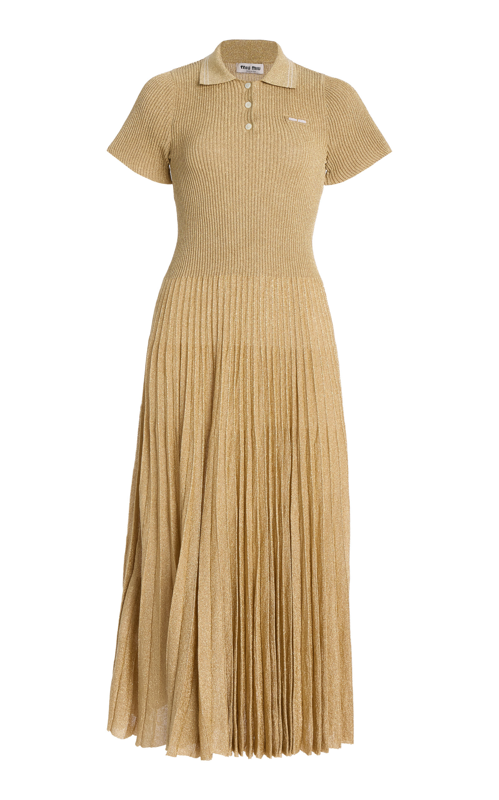 Miu Miu Long Pleated Metallic Polo Dress In Gold