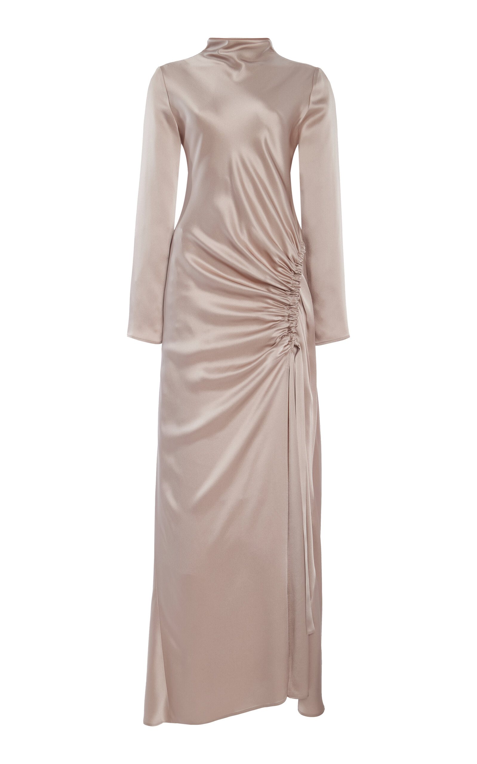 Lapointe Satin Bias Tab Gown With Slit In Metallic