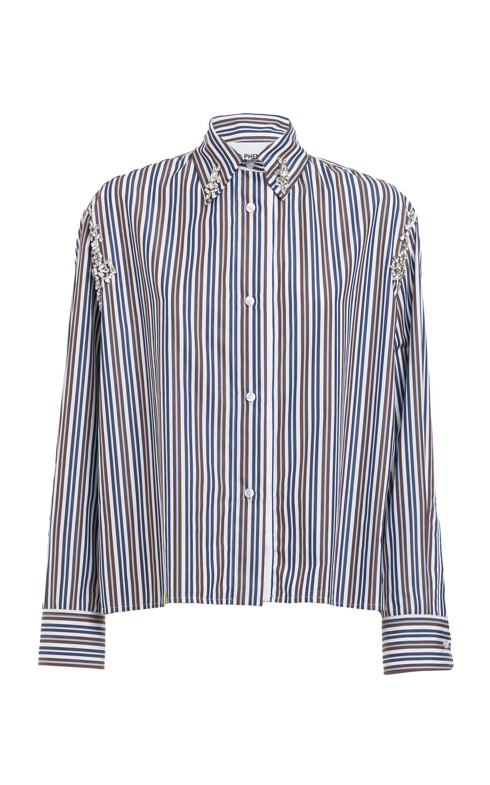 DES_PHEMMES Crystal-Embellished Striped-Cotton Shirt - Navy