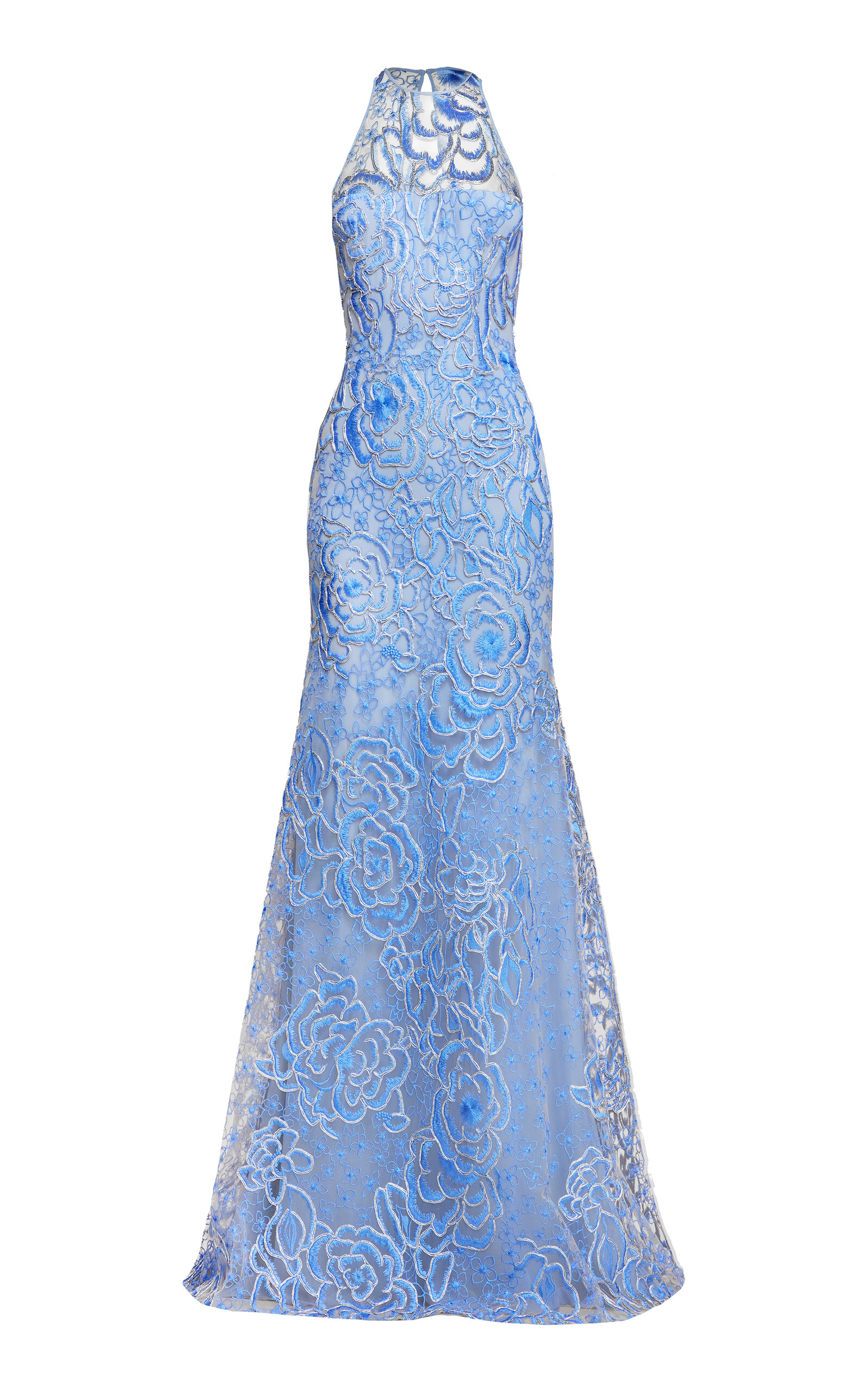 Naeem Khan Floral Organza Gown - Light Blue
