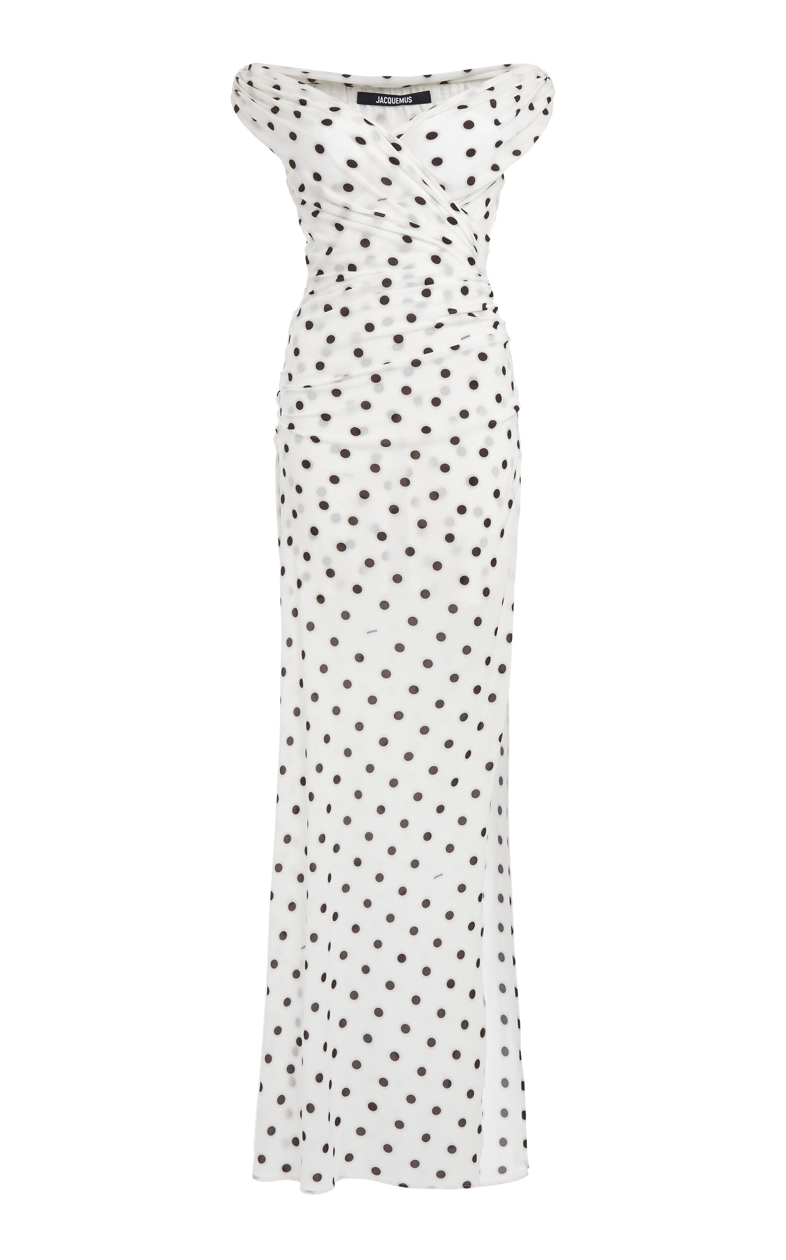 Jacquemus Rita Draped Gathered Polka-dot Crepe De Chine Maxi Dress In Black,white