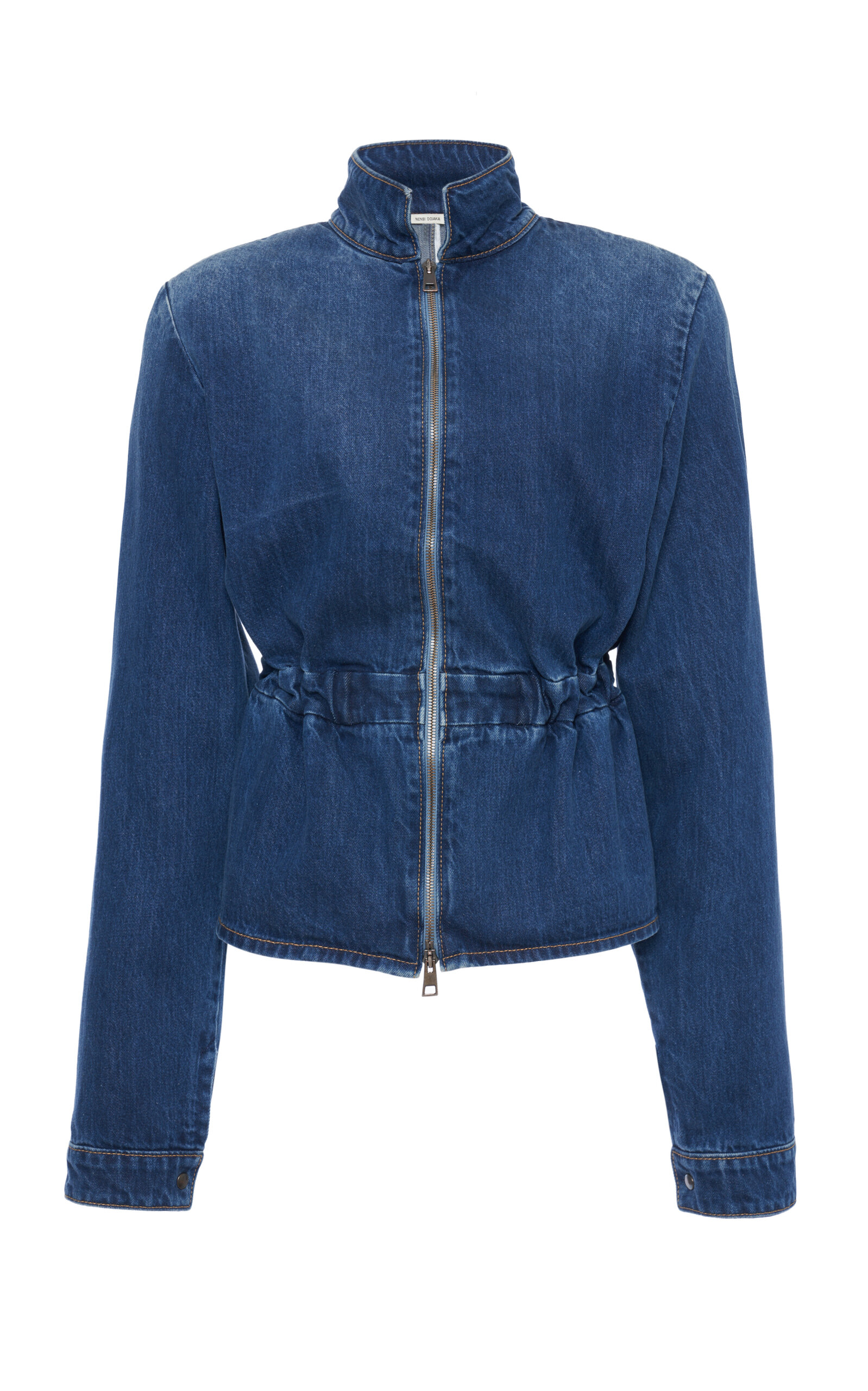 Nensi Dojaka Peplum Cotton Bomber Jacket - Medium Wash