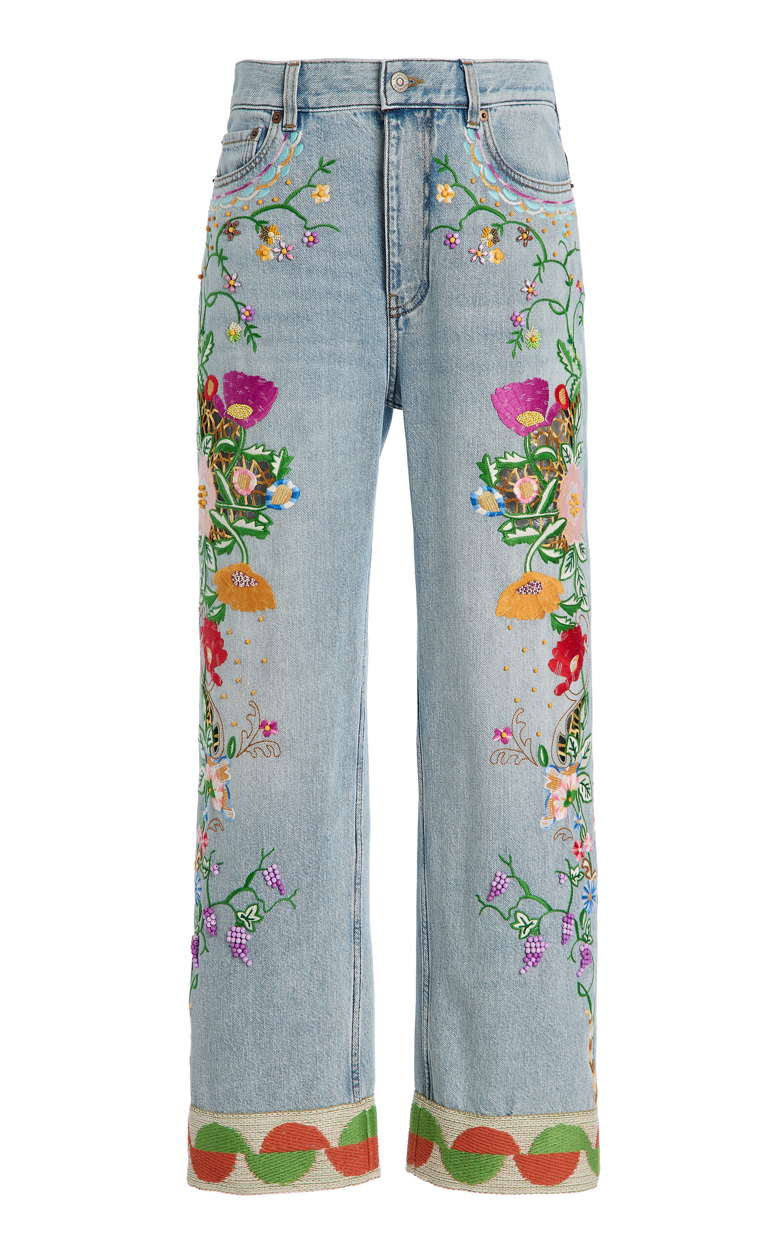 Valentino Garavani Embroidered Rigid High-Rise Straight-Leg Jeans - Light Wash