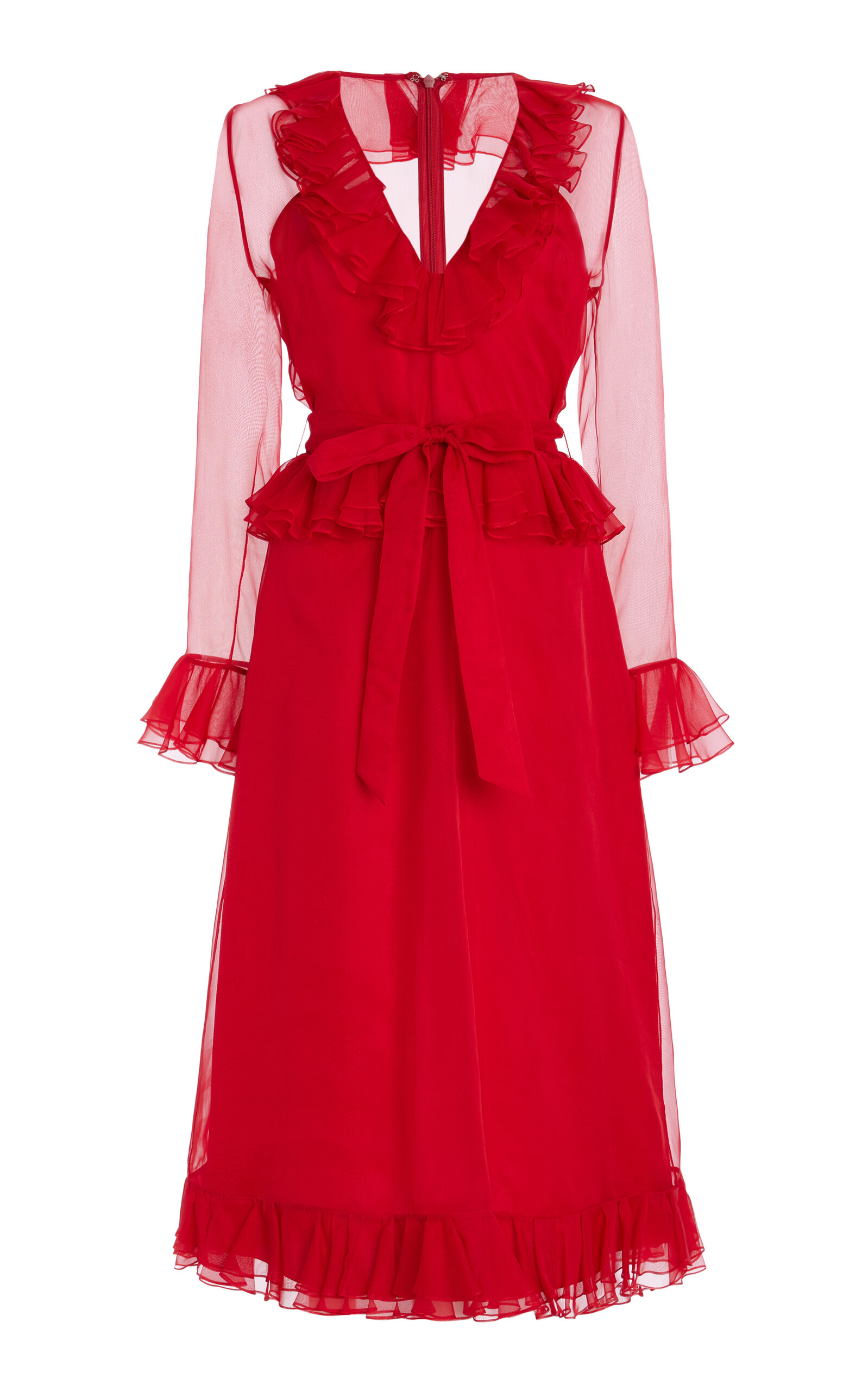 Valentino Womens Paris V-neck Ruffle-trim Silk Midi Dress In Red