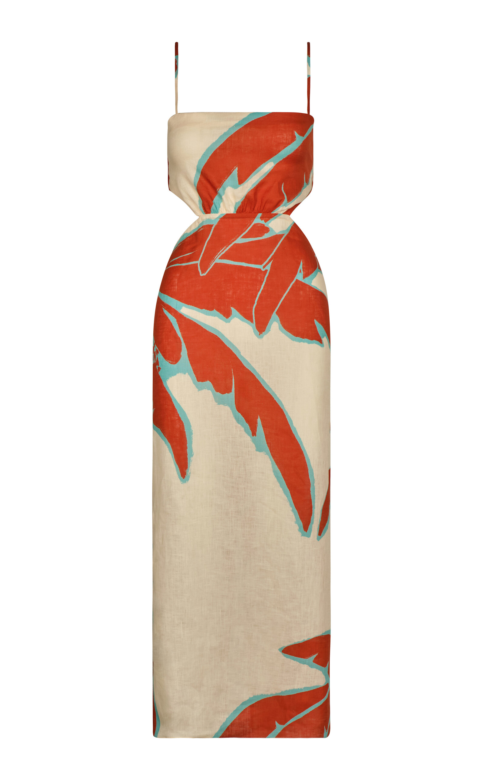 JOHANNA ORTIZ TACTILE WINDS PRINTED LINEN MIDI DRESS PALM BEACH