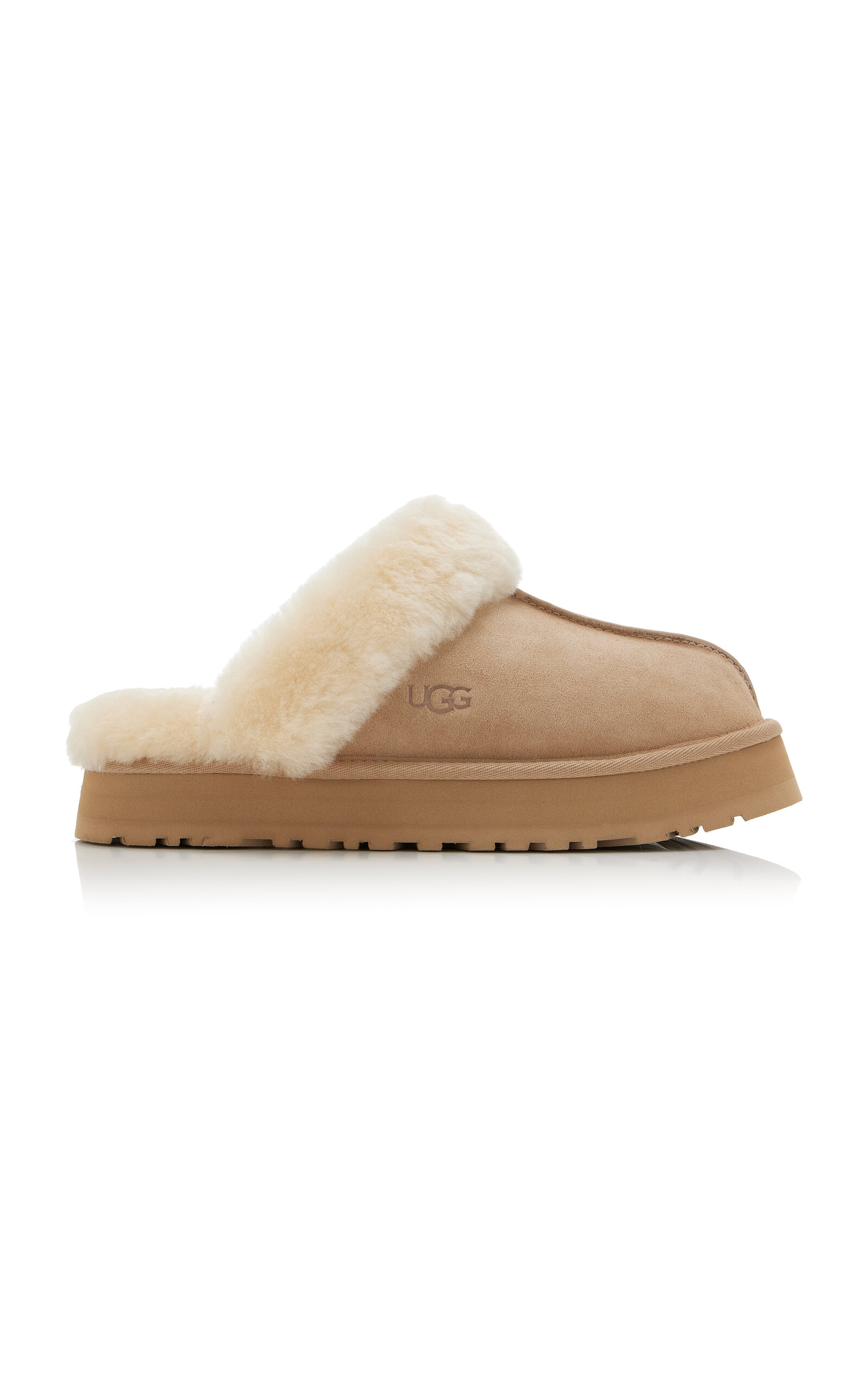 Shop Ugg Disquette Sheepskin Platform Slippers In Tan