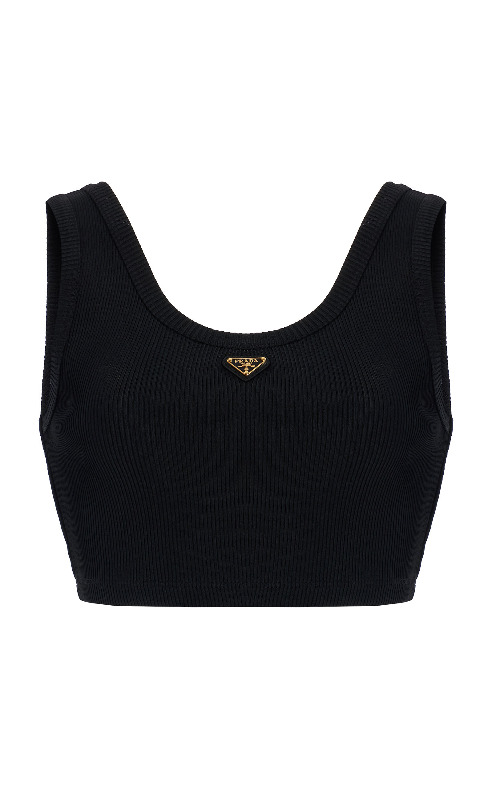 Prada Triangle Logo Ribbed Jersey Crop Top In Black
