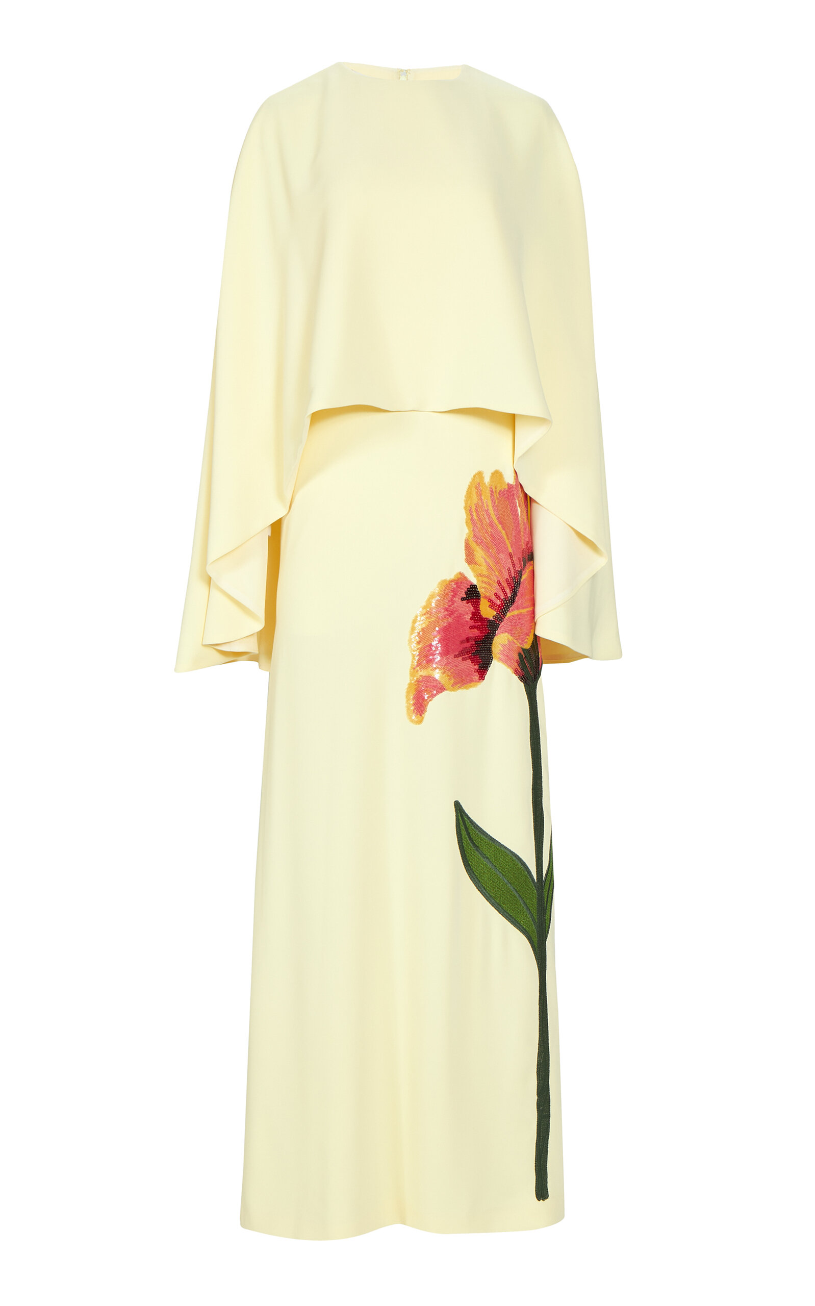 Costarellos Meena Floral-appliqued Crepe Cape-effect Column Gown In Yellow