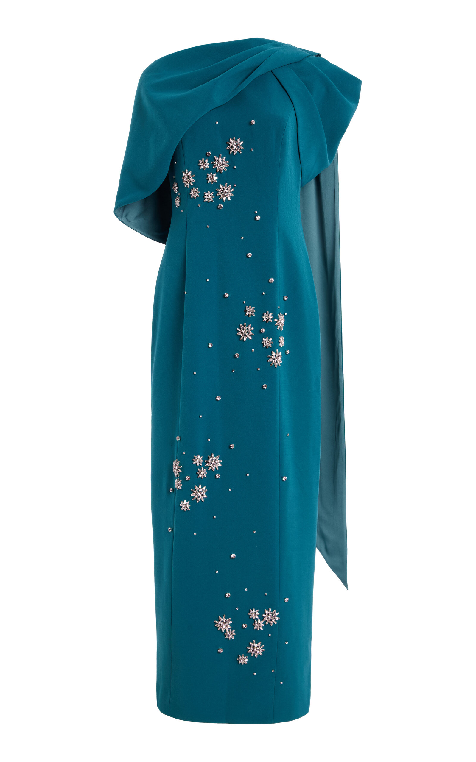Huishan Zhang Isolde Cape-detailed Crystal-embellished Crepe Gown In Blue